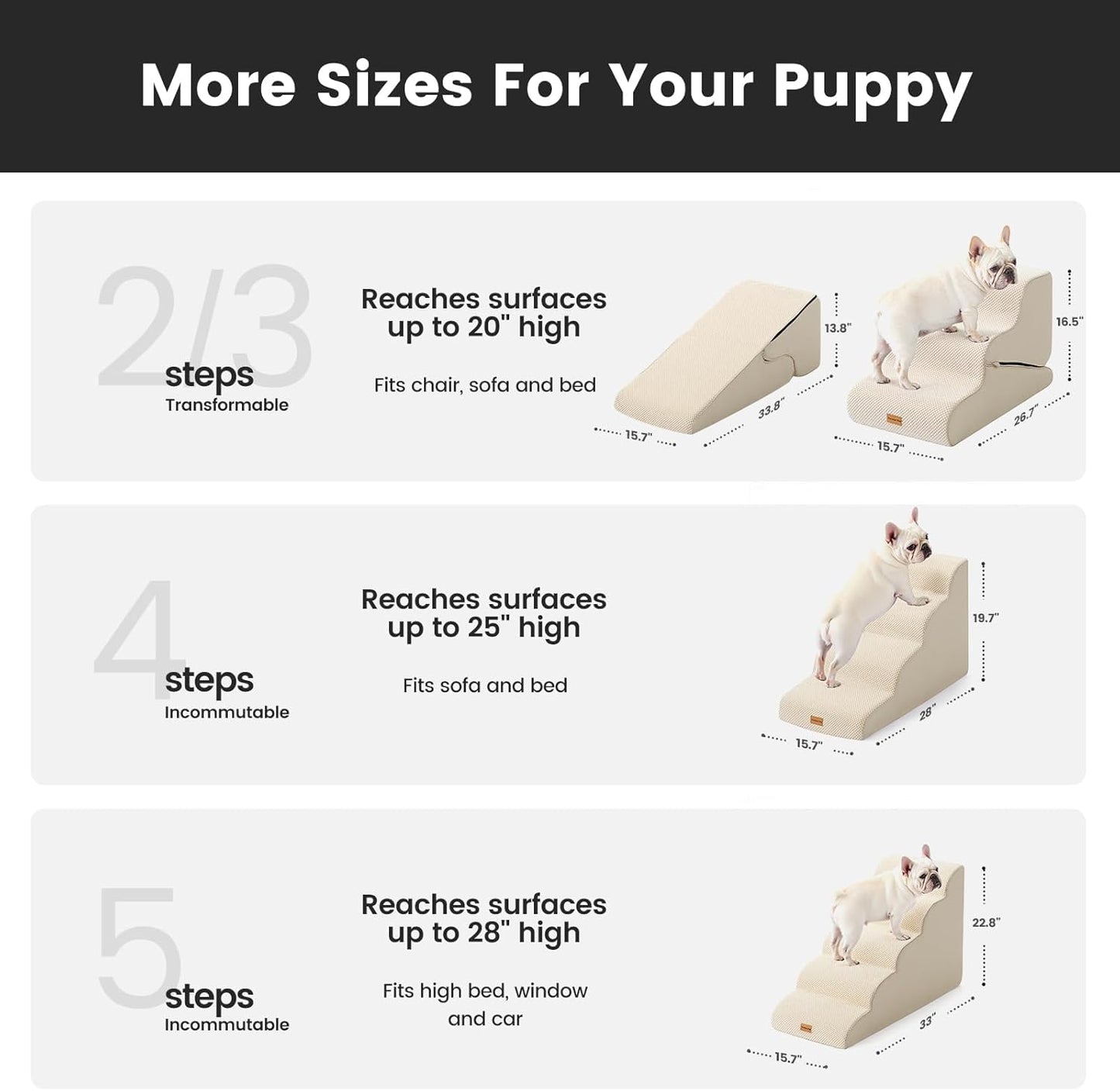 Gardner Pet Dog Stairs for Small Dogs 22.8" H, 5-Step Beige Curved Pet Stairs, Dog Steps for High Bed, Couch (24-30 in) with Durable Non-Slip Waterproof Fabric Cover and CertiPUR-US Certified Foam