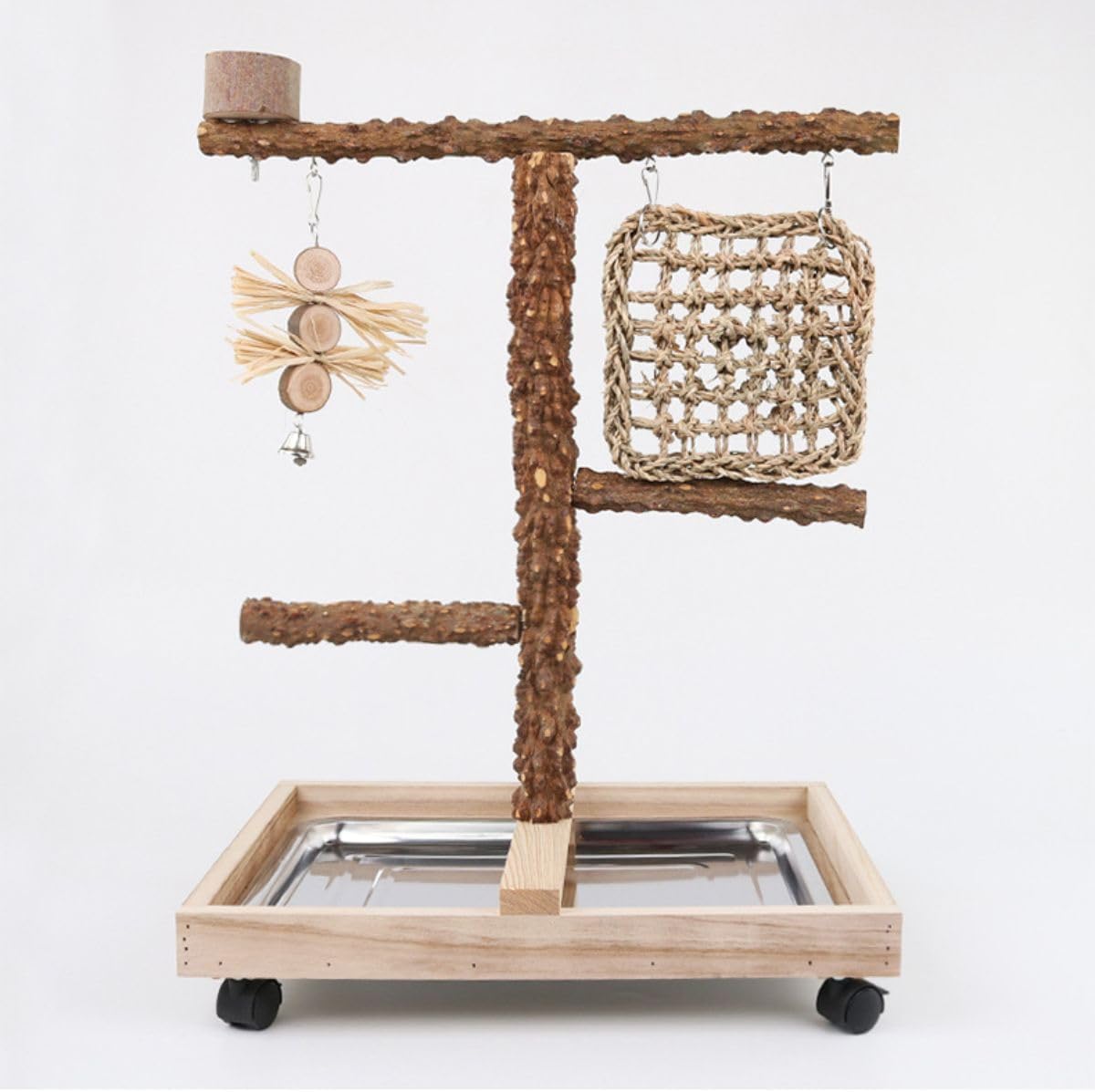Natural Wood Parrot Stand - Ideal Toy & Accessory for Parakeets, Canaries, Cockatiels, Conure, Lovebirds - Bird Perch Stand with Removable Tray Climbing Net Chewing Toys- Perfect Pet Birds Playstand
