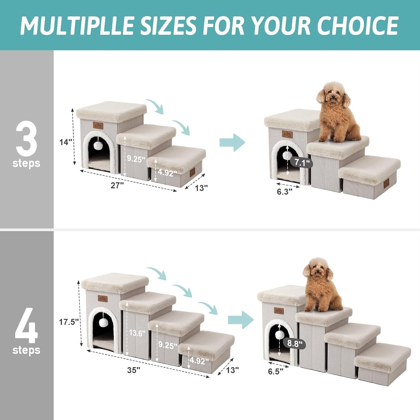 Dog Stairs for Small Dogs with Storage and Condo, 17.5" H Foldable Pet Stairs for Small Medium or Puppy Dogs and Older Cats, Dog Steps for Bed or Couch, 13x35x17.5 inch, 4 Tiers, Beige
