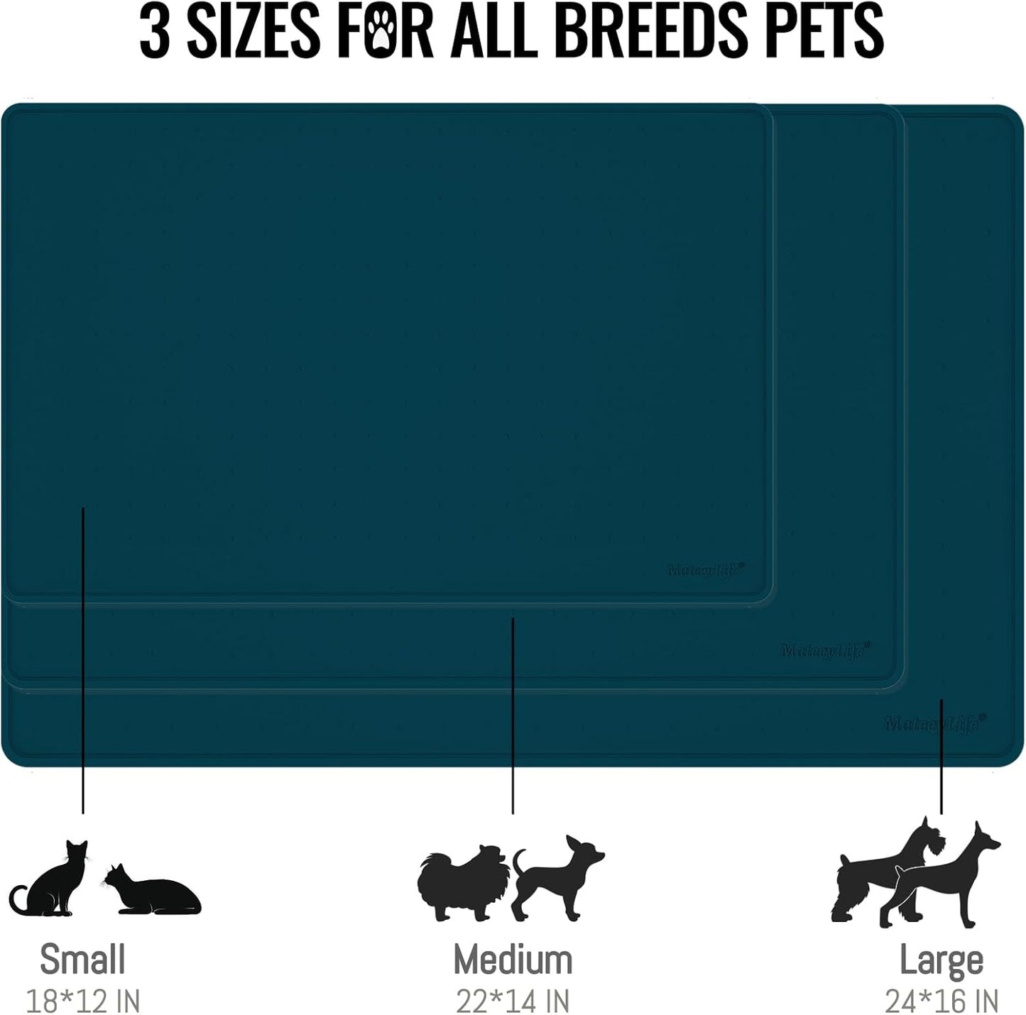 MateeyLife Dog & Cat Food Mat, Waterproof & Nonslip Silicone Feeding Mats for Dogs and Cats, Raised Edge Tray for Messy Drinkers, 22"x14", Navy