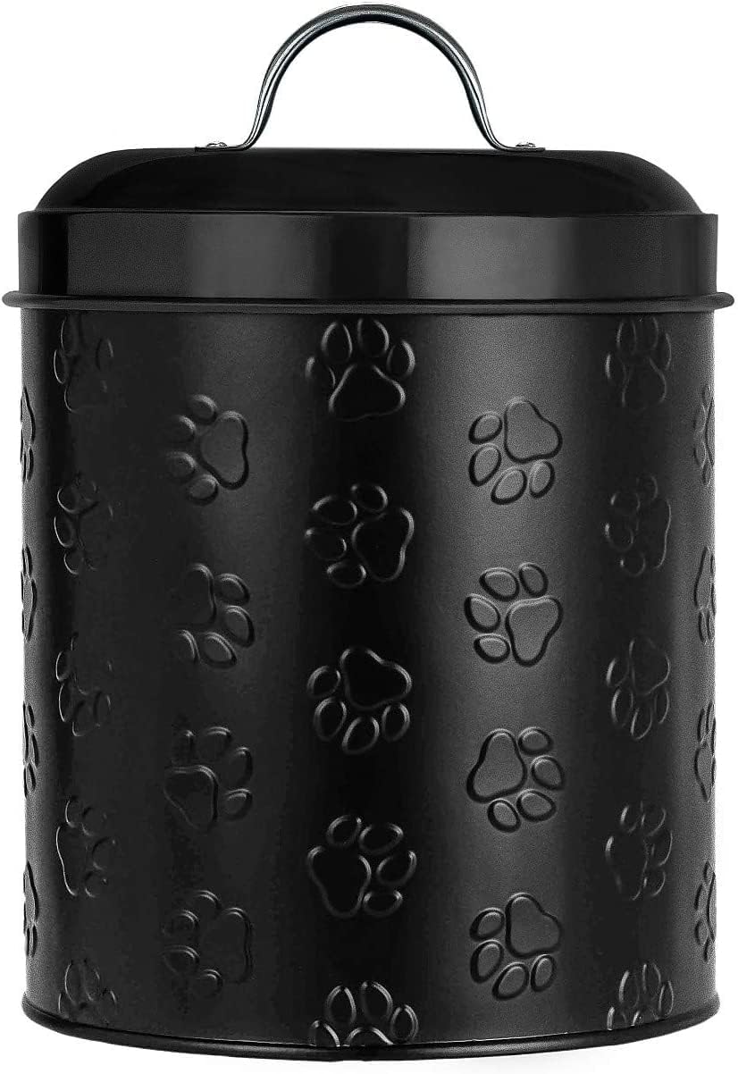 Amici Home Puppy Paws Embossed Pet Food Canister, Pet Storage Containers, Airtight Lid, Dog Treat Jar, Rustic Metal Treat Canister for Kitchen Counter (Black, 140 Oz)