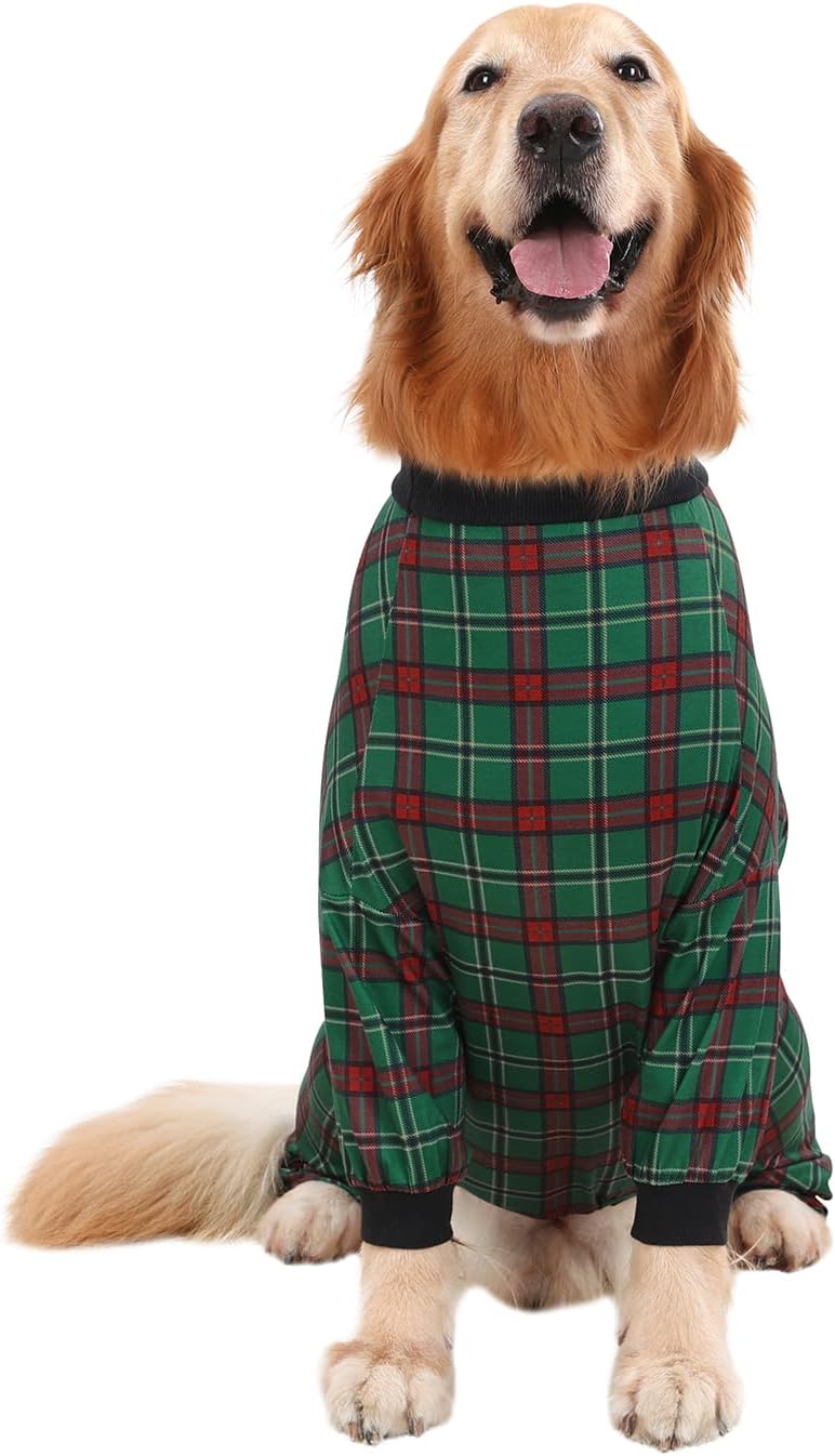 HDE Dog Pajamas One Piece Jammies Jumpsuit Pet Clothes Outfit Stretchy Lightweight Comfy Shirt Pjs for M-3XL Dogs Holiday Plaid - 2XL