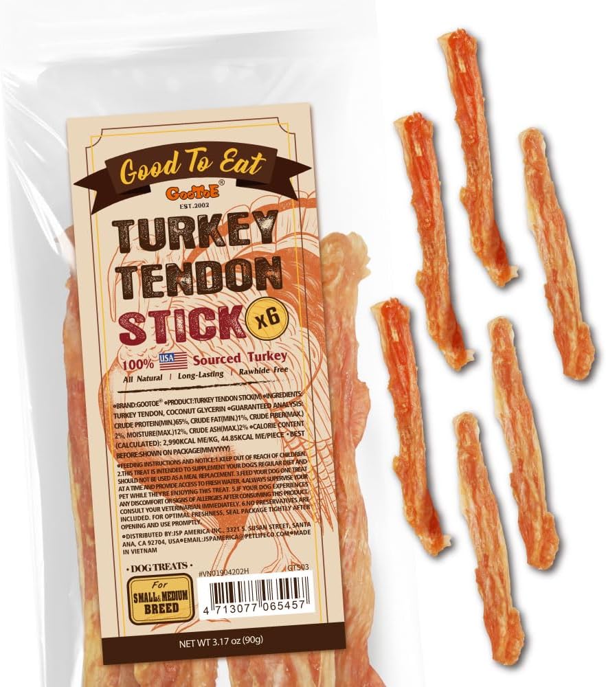 Gootoe Turkey Tendons for Dogs –All-Natural, Hypoallergenic Dog Treats, Rawhide Alternative, Long Lasting Puppy Chews, Healthy Dog Treats for Medium Breeds, Stick (M), 6 Count Pack