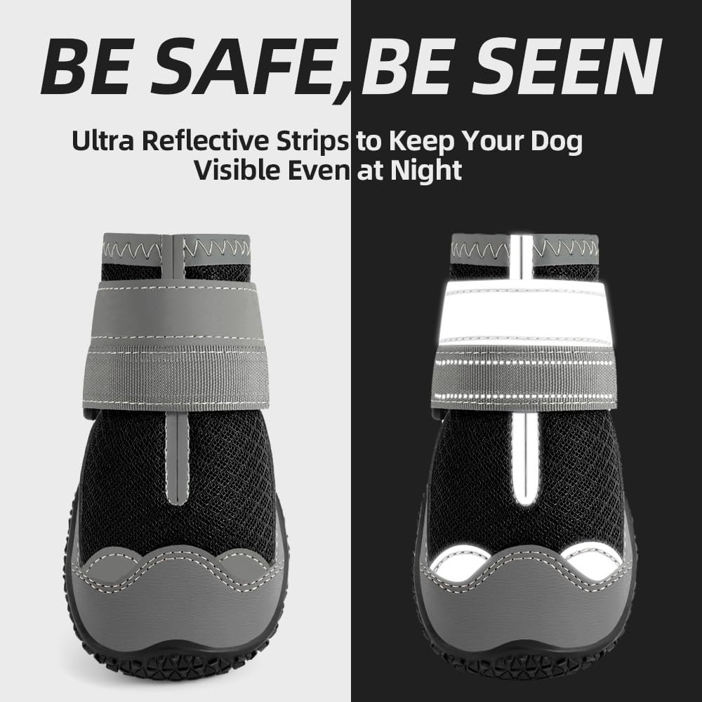 Dog Shoes for Large Dogs, Medium Dog Boots & Paw Protectors for Hardwood Floors, Outdoor Dog Booties for Hot Pavement Winter Snow Hiking, Breathable Dog Shoes with Reflective Strips Size 4