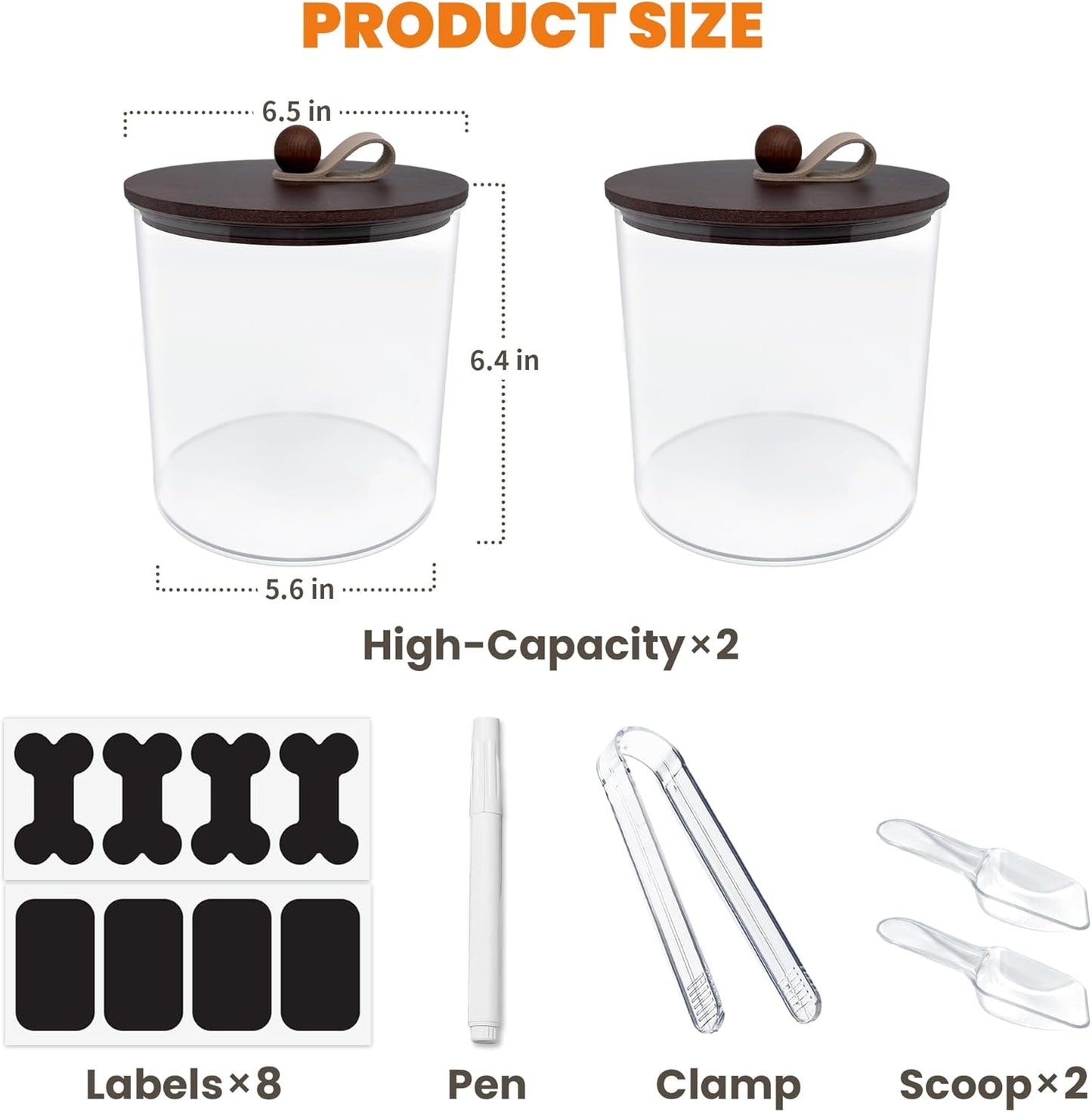 2 Pack Airtight Dog Food Storage Container,Dog Treat Container Dog Treat Jar with Wood Lids 6x5'',Pet Food Storage Container,Cat Food Container with Scoops,Food Tong,Labels,Pen