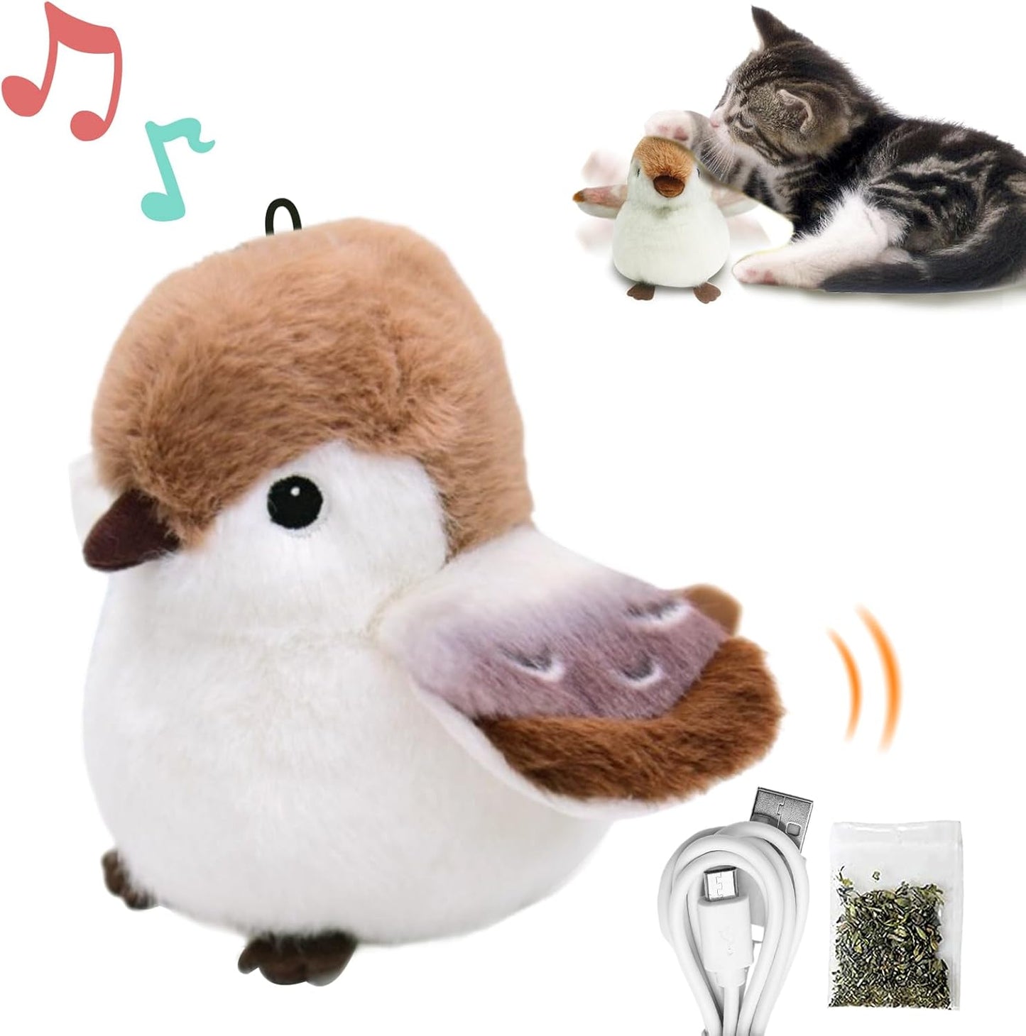 Cat Toys, Flapping Wings Cute Sparrow, No Flying, Chirping Bird Interactive Catnip Toy for Kitten or Small Dogs, Touch Activated, Rechargable