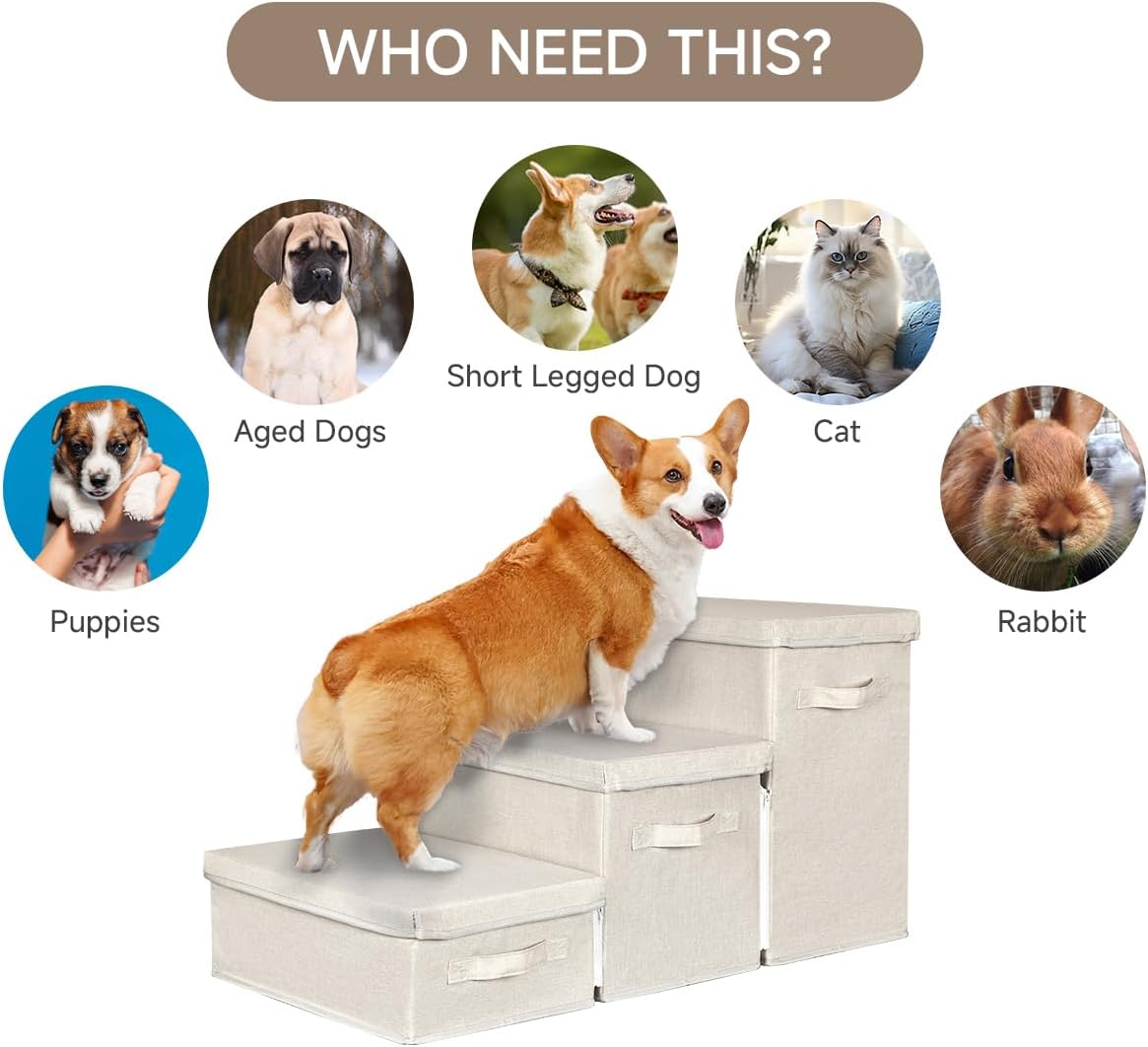 Pet Stairs with Storage, Pet Step for Small Dogs and Cats, 3-Step Folding Pet Steps with Zip, Cat Stairs Dog Steps for Bed, Couch and Car Ramp (Beige, 3 Steps no Condo)