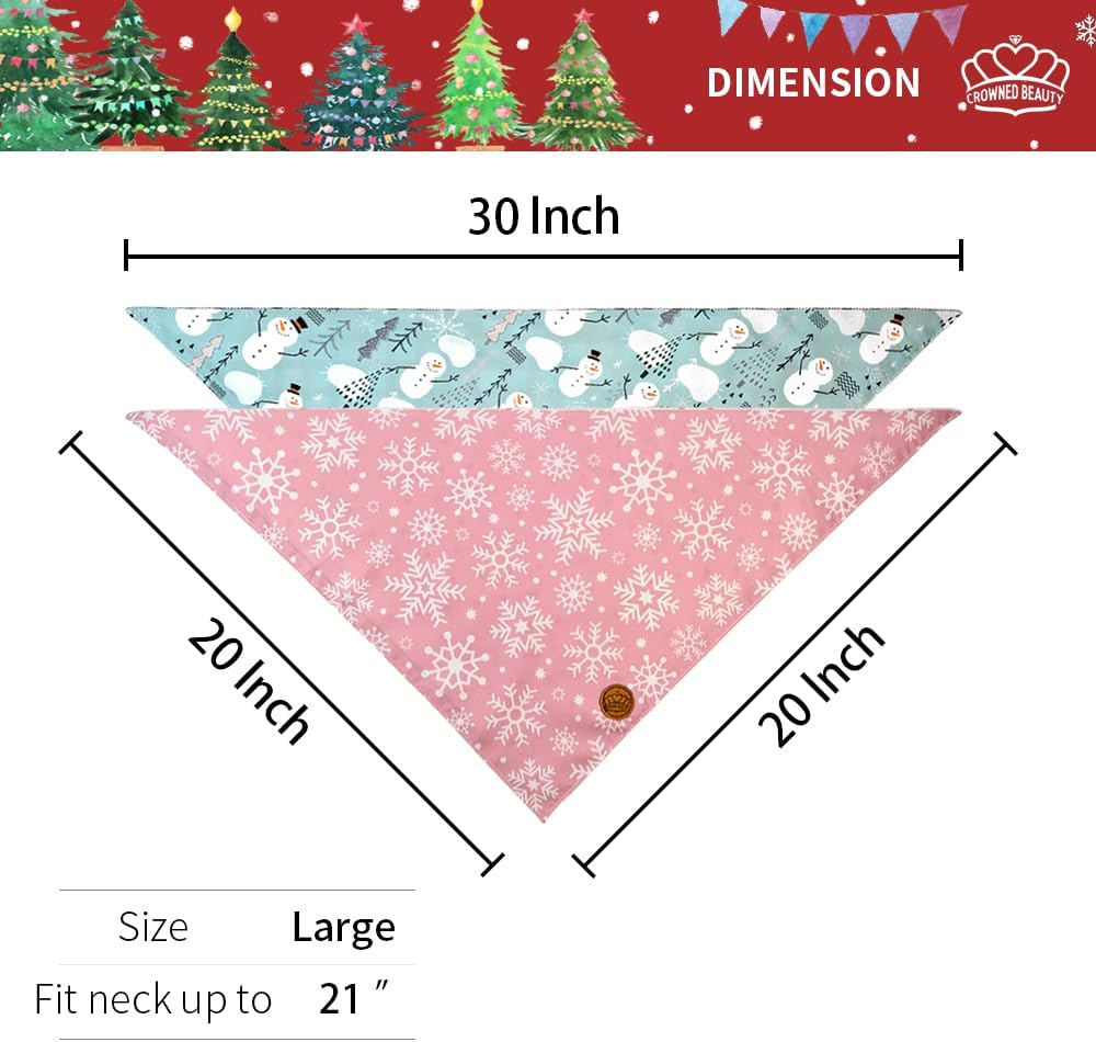 CROWNED BEAUTY Christmas Dog Bandanas Reversible Large 2 Pack, Winter Whimsy Set, Adjustable Triangle Scarves for Medium Large Extra Large Dogs Girl Boy Pets DB80-L