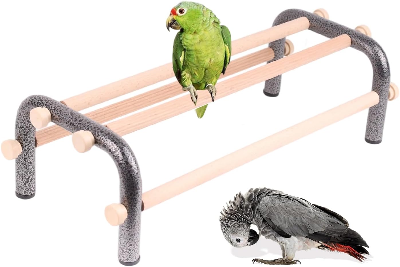 Large Bird Training Perch Long Stand for African Grey Macaw Big Birds, Rustproof Metal Durable Heavy Duty Metal Frame with 4 Wooden Bars for Bird to Play Climb and Exercise Toy