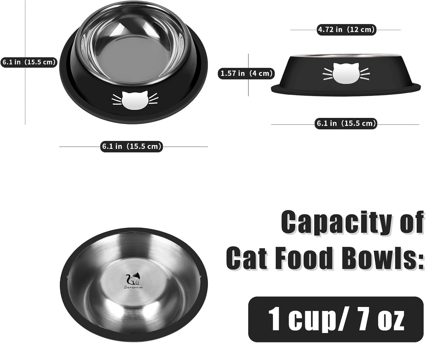 2 Pcs Non-Slip Stainless Steel Small Food Bowls - Unbreakable, Thicken Cat Feeder, 7 Oz Dishes - Suitable for Indoor Small Pets - Removable Rubber Base, Easily Clean, Lovely Color