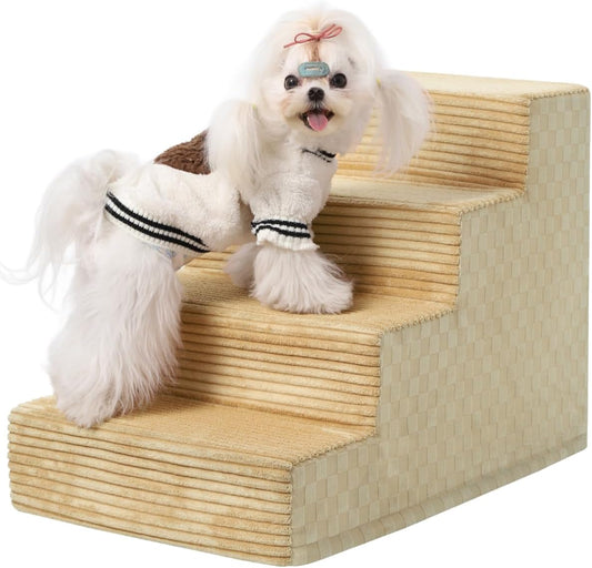 Dog Stairs for Small Dogs,17.5" H,4-Step Dog Steps for Bed and Couch with High Density Foam,Non-Slip Pet Steps for Doggy and Cat,Pet Stairs with a Washable Cover,Khaki