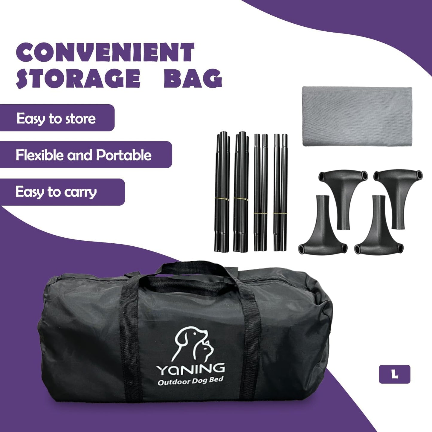 Outdoor Elevated Bed for Large Medium Dogs, Easy to Assemble With Portable Bag, Raised Cot With Pet-Friendly Feet, Breathable Mesh for Camping or Travel, Dark Grey