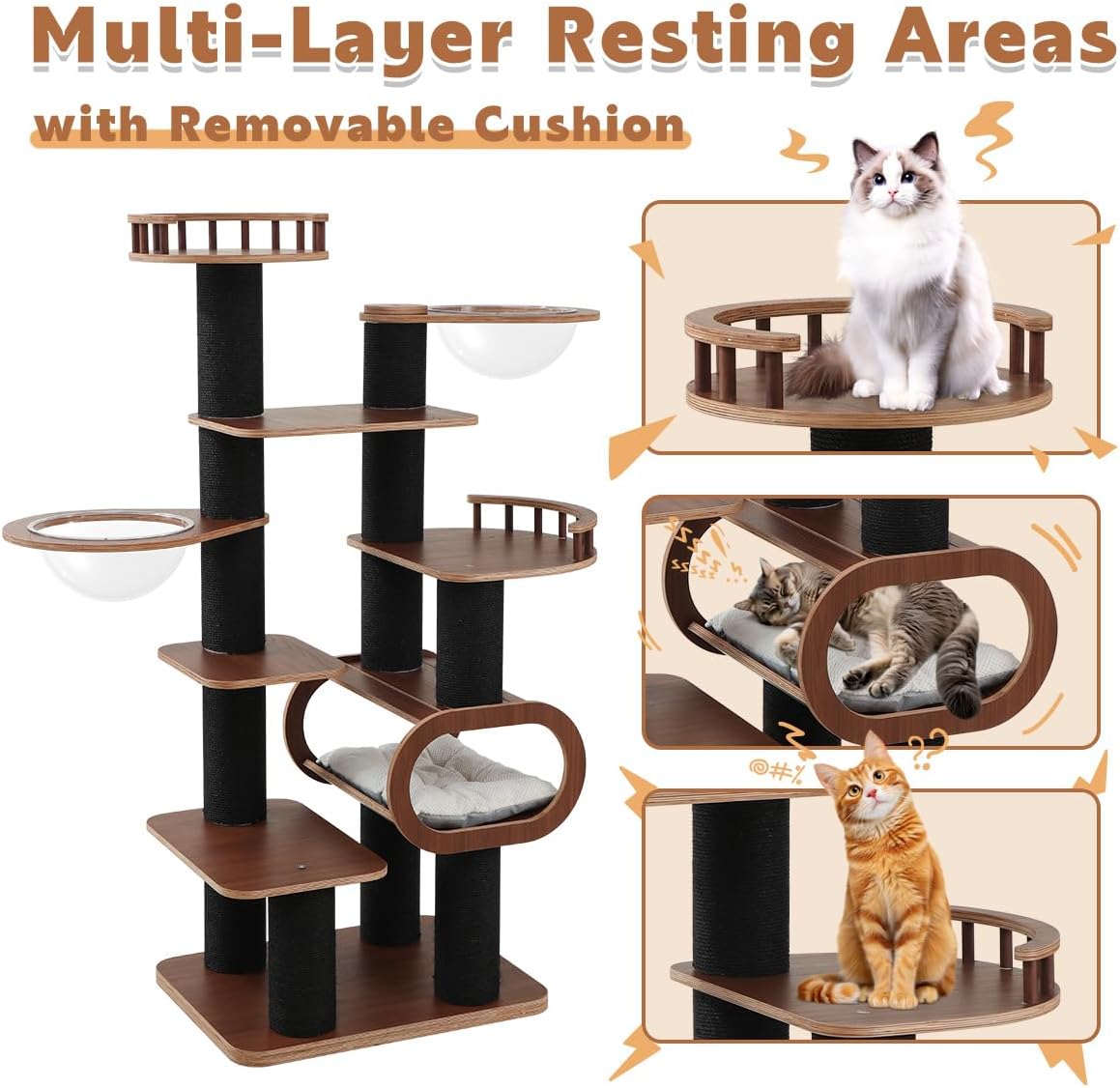 70.9'' Black Cat Tree for Indoor Cats Large Adult, Heavy Duty Cat Tower with Scratching Post, Modern Kitty Tree with Removable Mats, Semi-closed Condo and Transparent Bowl, Wooden Luxury Cat Furniture
