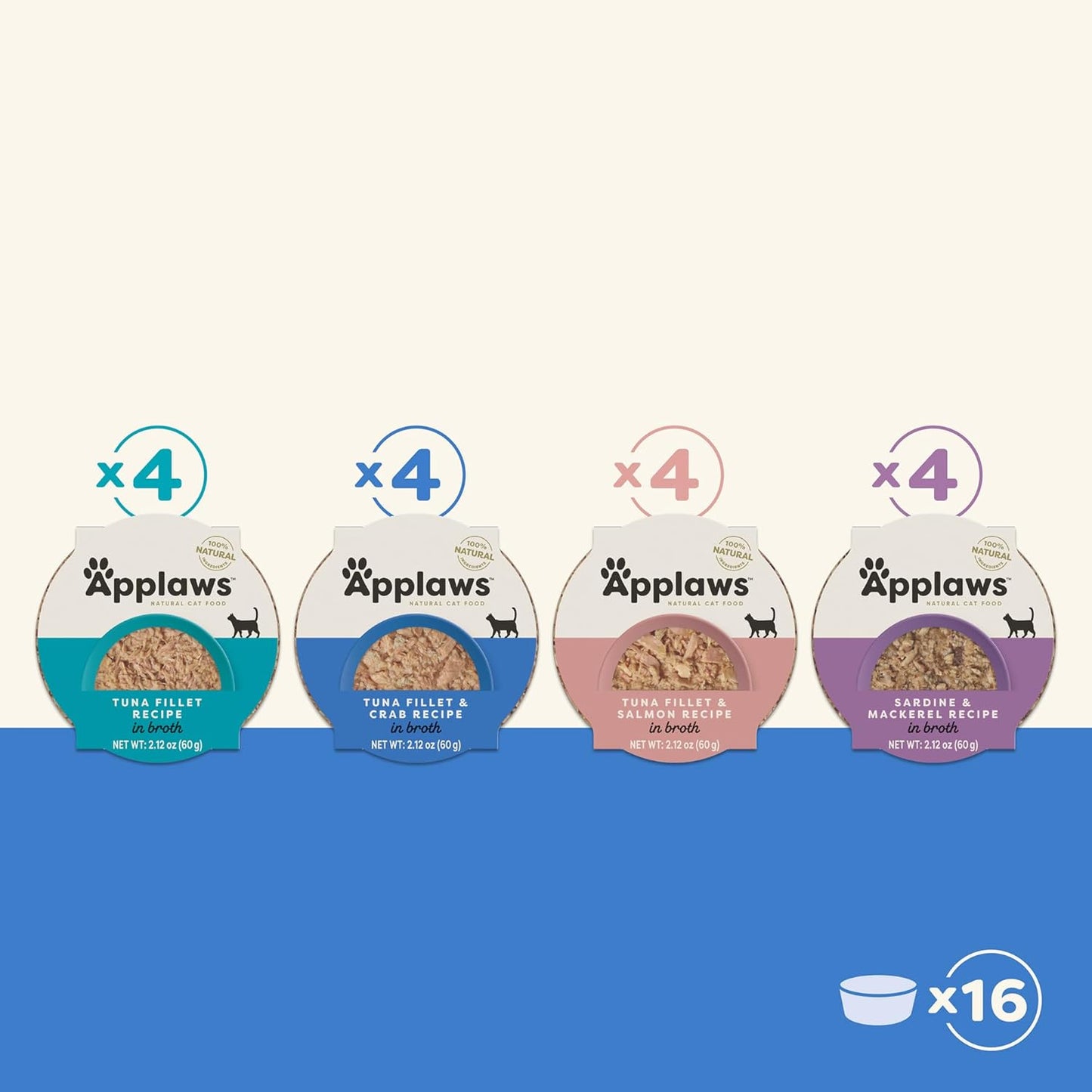 Applaws Natural Wet Cat Food, Limited Ingredient, Grain-Free, Protein with No Artificial Additives, Variety Fish Selection in Broth (16 x 2.12 oz Easy-Open Cups)