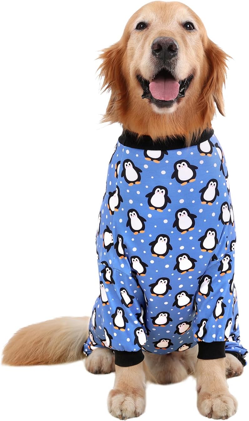 HDE Dog Pajamas One Piece Jammies Jumpsuit Pet Clothes Outfit Stretchy Lightweight Comfy Shirt Pjs for M-3XL Dogs Penguin Polka Dots - M