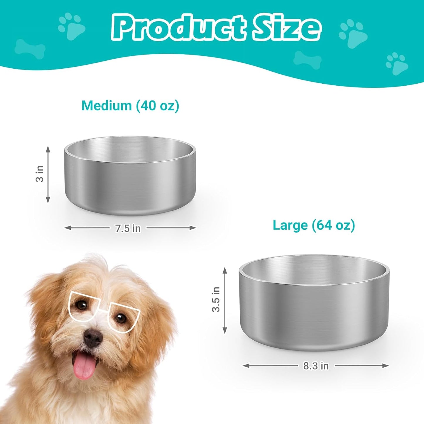 LIANLAI Stainless Steel Dog Bowls, Rust-Resistant Metal Large Dog Bowl, Double-Walled Puppy Water Bowl, Ideal Bowls Large Sized（64 oz）