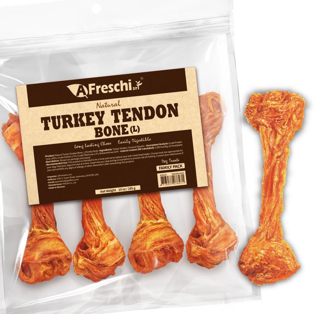 AFreschi Turkey Tendons for Dogs, USA-Sourced, Healthy Dog Treats, Rawhide-Free Puppy Chews, Long Lasting, All Natural, Hypoallergenic Dog Treats for Large Breeds, 10 oz Pack Bone (L)