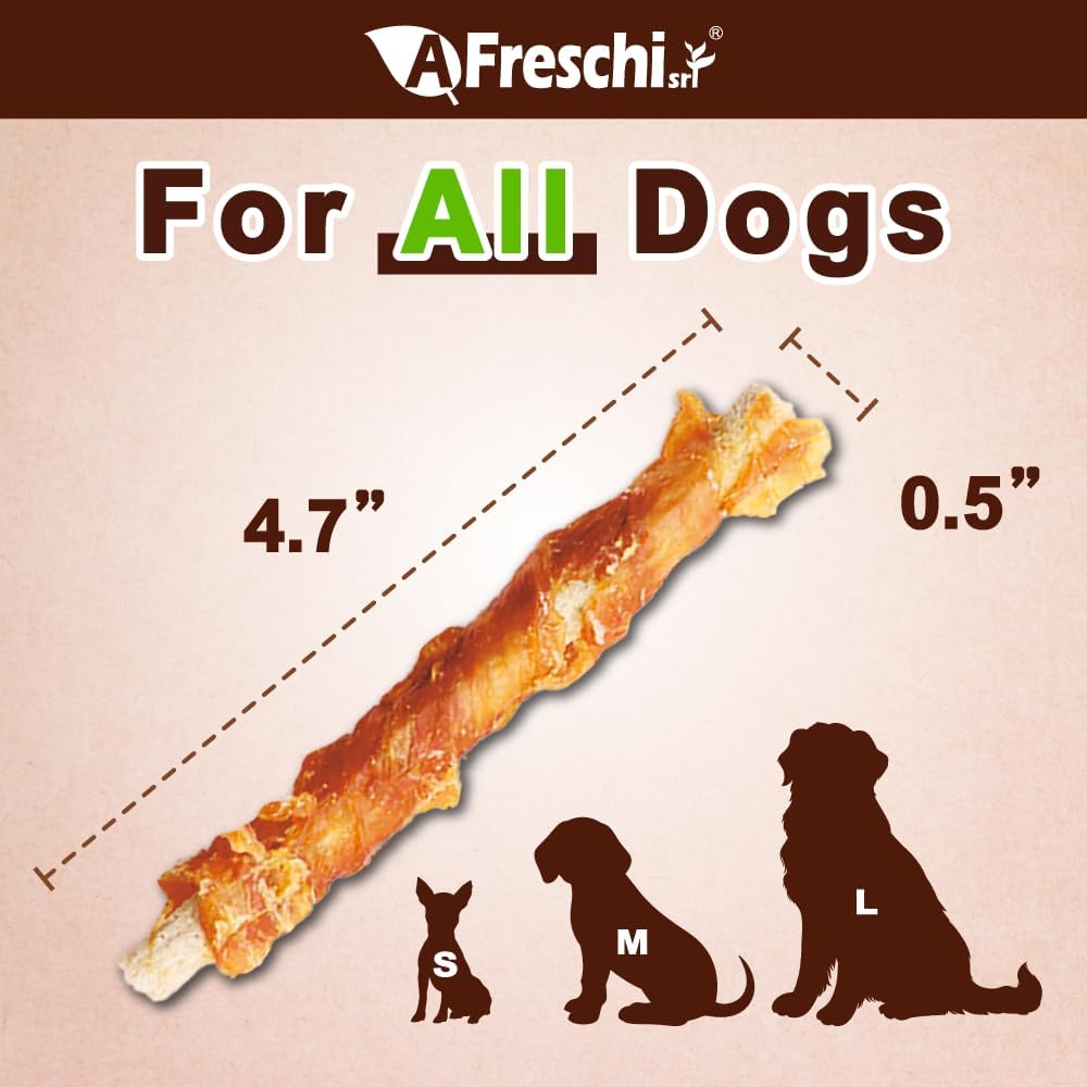 AFreschi Turkey Tendons for Dogs, USA-Sourced, Healthy Dog Treats, Rawhide-Free Puppy Chews, All Natural, Hypoallergenic Dog Treats, Classic Series, Turkey Tendon Wrapped Brown Rice Stick, 3.5 oz Pack