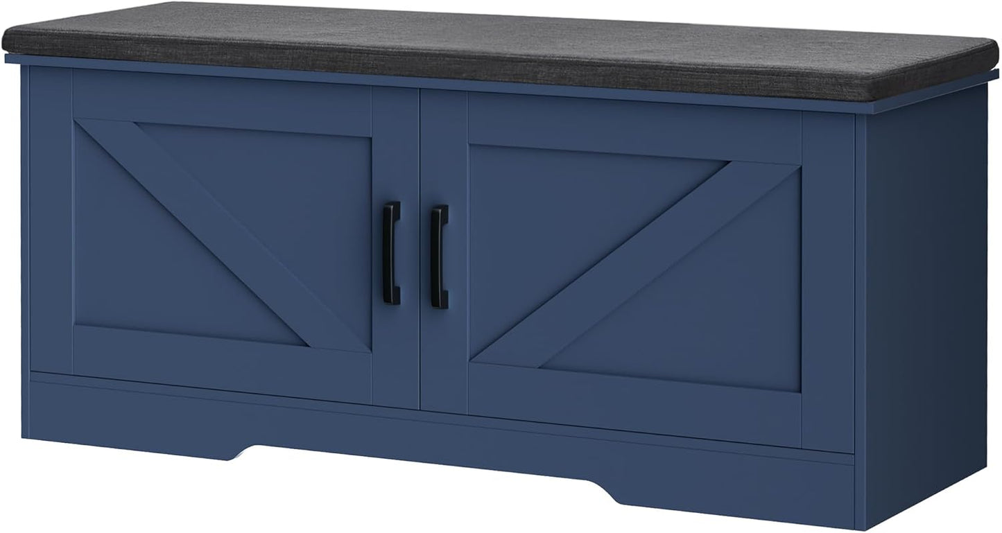 2-Tier Storage Bench, Shoe Bench with Padded Seat Cushion, Entryway Bench with 2 Barn Doors, Adjustable Shelf, 13.8" D x 39.4" W x 17.7" H, for Entryway, Living Room, Bedroom, Blue