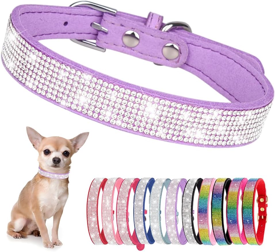 Rhinestone Dog Collar for Small Dogs, Bling Diamond Fancy Crystal Glitter Pretty Jewel Pet Puppy Collars for XXS XS Small Medium Large Breed Girl Dogs Female Cats Kitten, Purple M