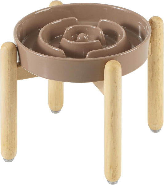 8.2inch Ceramic Raised Slow Feeder Dog Bowl Set, Elevated Wooden Stand for Large and Medium Dog, Puzzle Slow Dish, Preventing Choking(Brown Coffee, Single Bowl+ Stand)