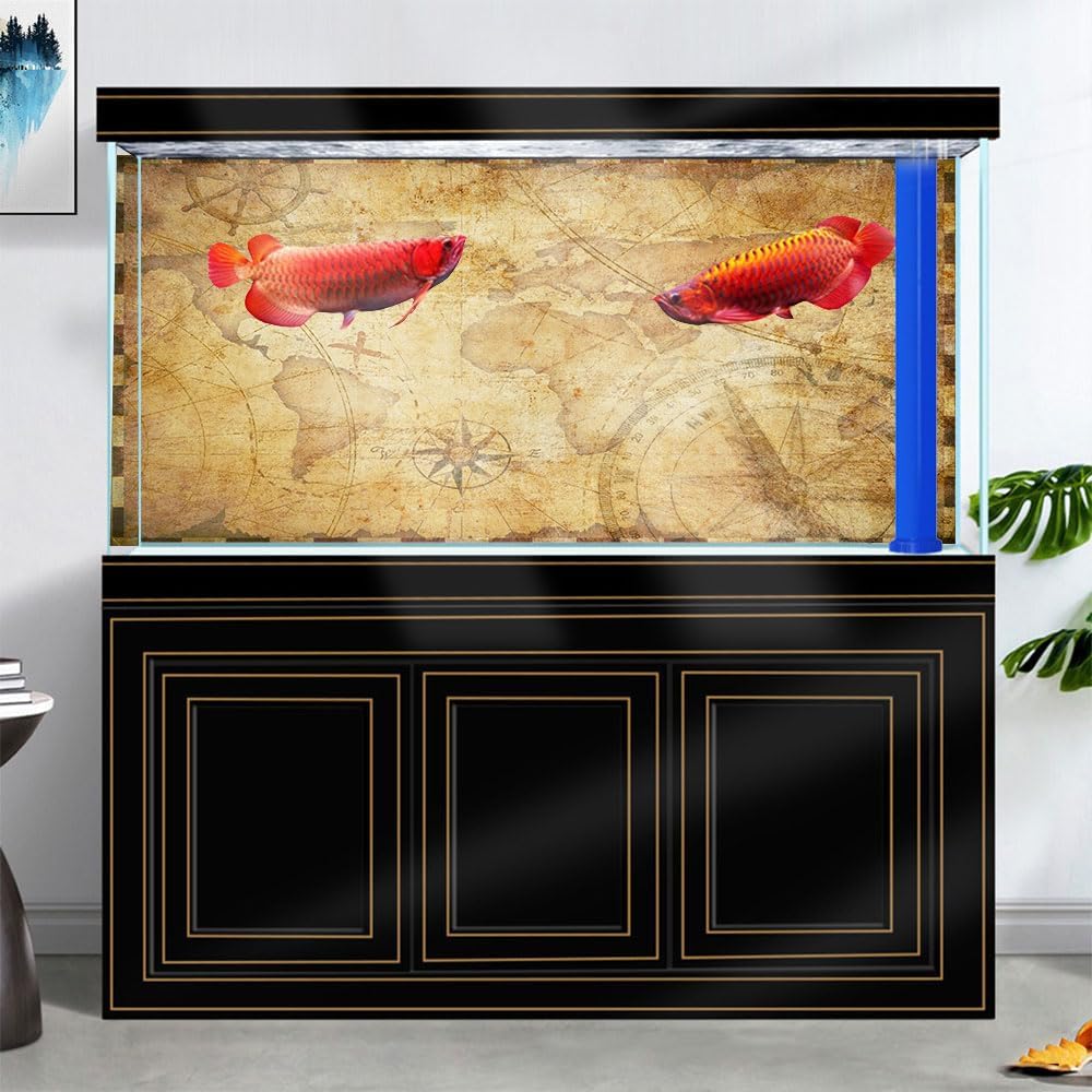 72X16IN Retro Old Travel World Map Terrarium Background, Art Parchment Pirate Treasure Map Reptile Habitat Background with 10EVA Double-Sided Tape