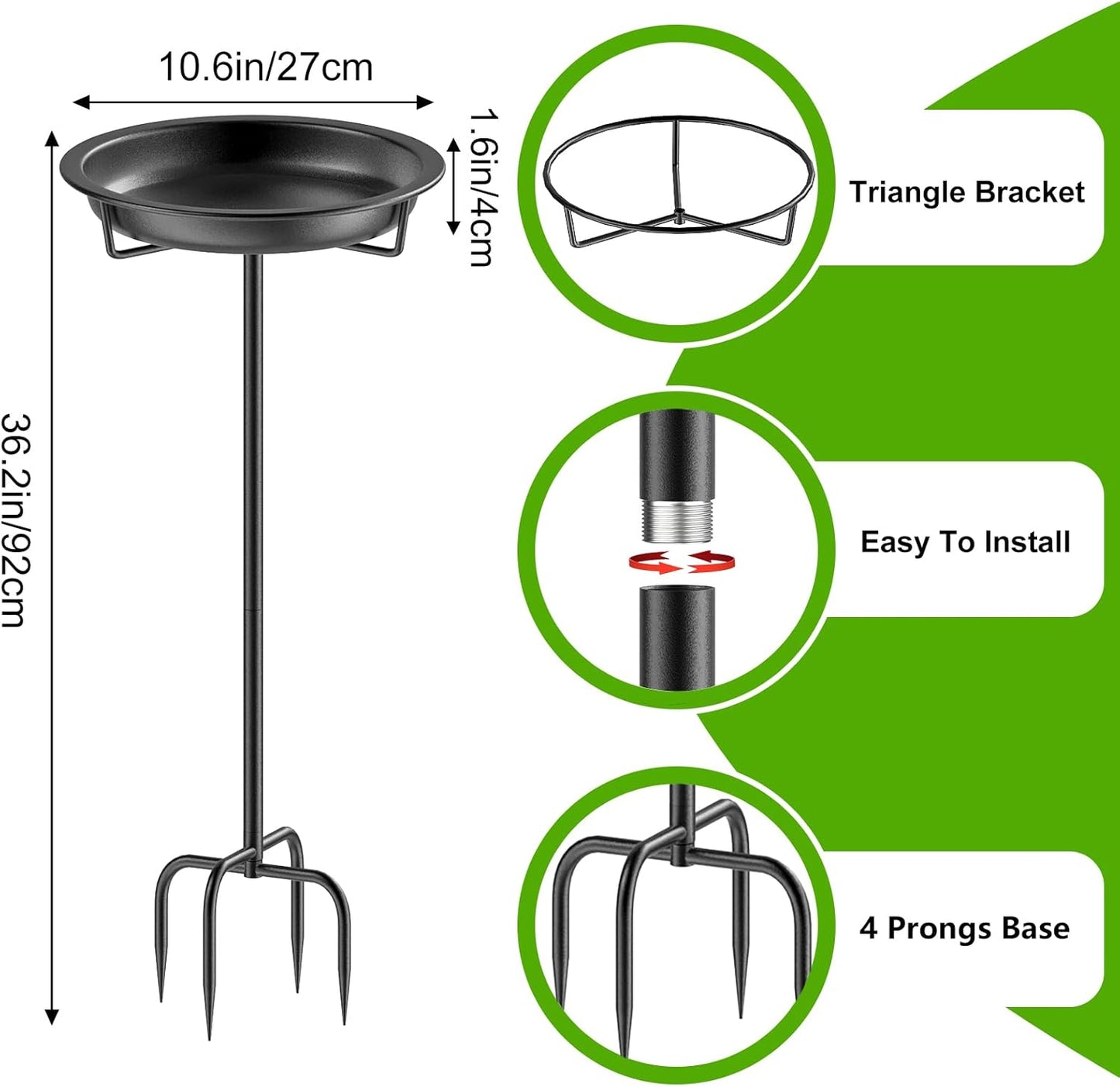 Metal Bird Bath for Outside Garden Birdbath Bowl, 36.2" Height Freestanding Bird Feeders for Outdoors with 4 Prongs Base Stake, Standing Birdfeeders for Yard Lawn Decor (Black)
