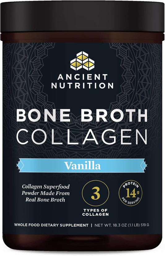 Ancient Nutrition Collagen Powder, Bone Broth Collagen, Vanilla, Hydrolyzed Multi Collagen Peptides, Supports Skin and Nails, Joint Supplement, 30 Servings, 18.3oz