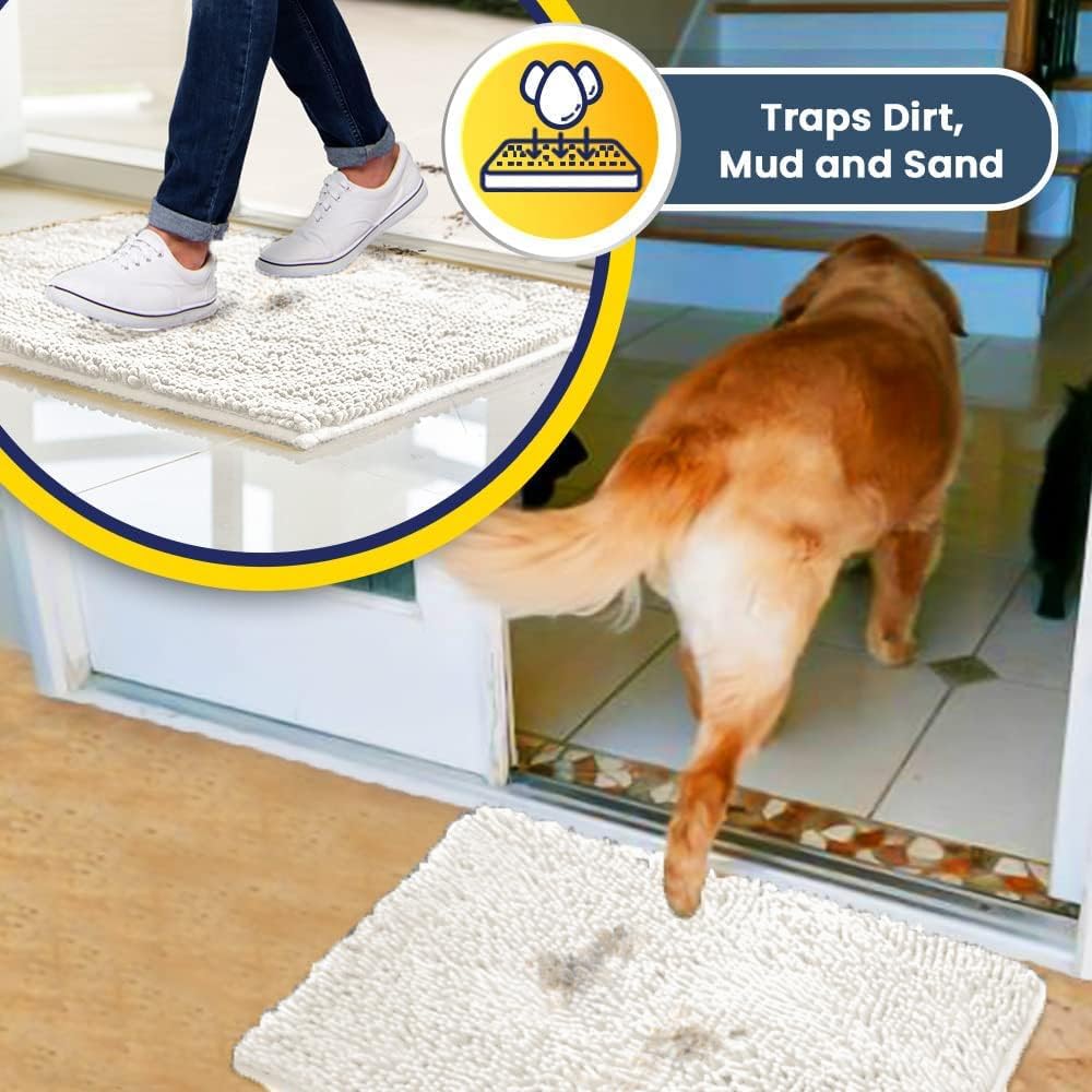Muddy Mat® AS-SEEN-ON-TV Highly Absorbent Microfiber Door Mat and Pet Rug, Non Slip Thick Washable Area and Bath Mat Soft Chenille for Kitchen Bathroom Bedroom Indoor and Outdoor - White 24" x 96"