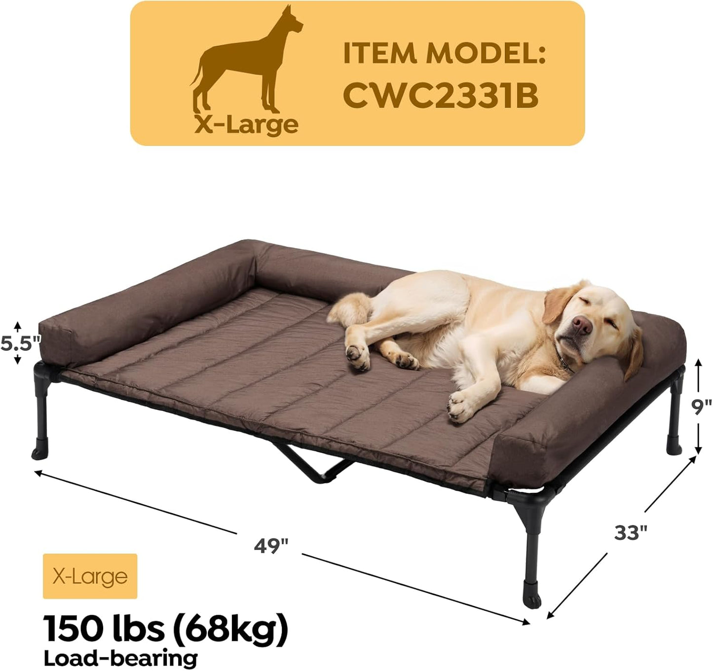 Veehoo Cooling Elevated Dog Bed Add Removable Waterproof Bolster Cushion Mat, Raised Pet Cot with Breathable Teslin Mesh, No-Slip Feet, Dog Sofa Bed for Indoor Outdoor, XLarge, Brown CWC2331B