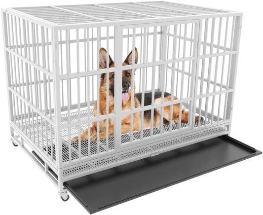 54/48/42/38 Inch Heavy Duty Dog Crate Cage with Wheels, Indestructible and Escape Proof Steel Kennel Indoor for High Anxiety Dogs with Sturdy Locks, Double Door and Tray, Extra Large XL XXL