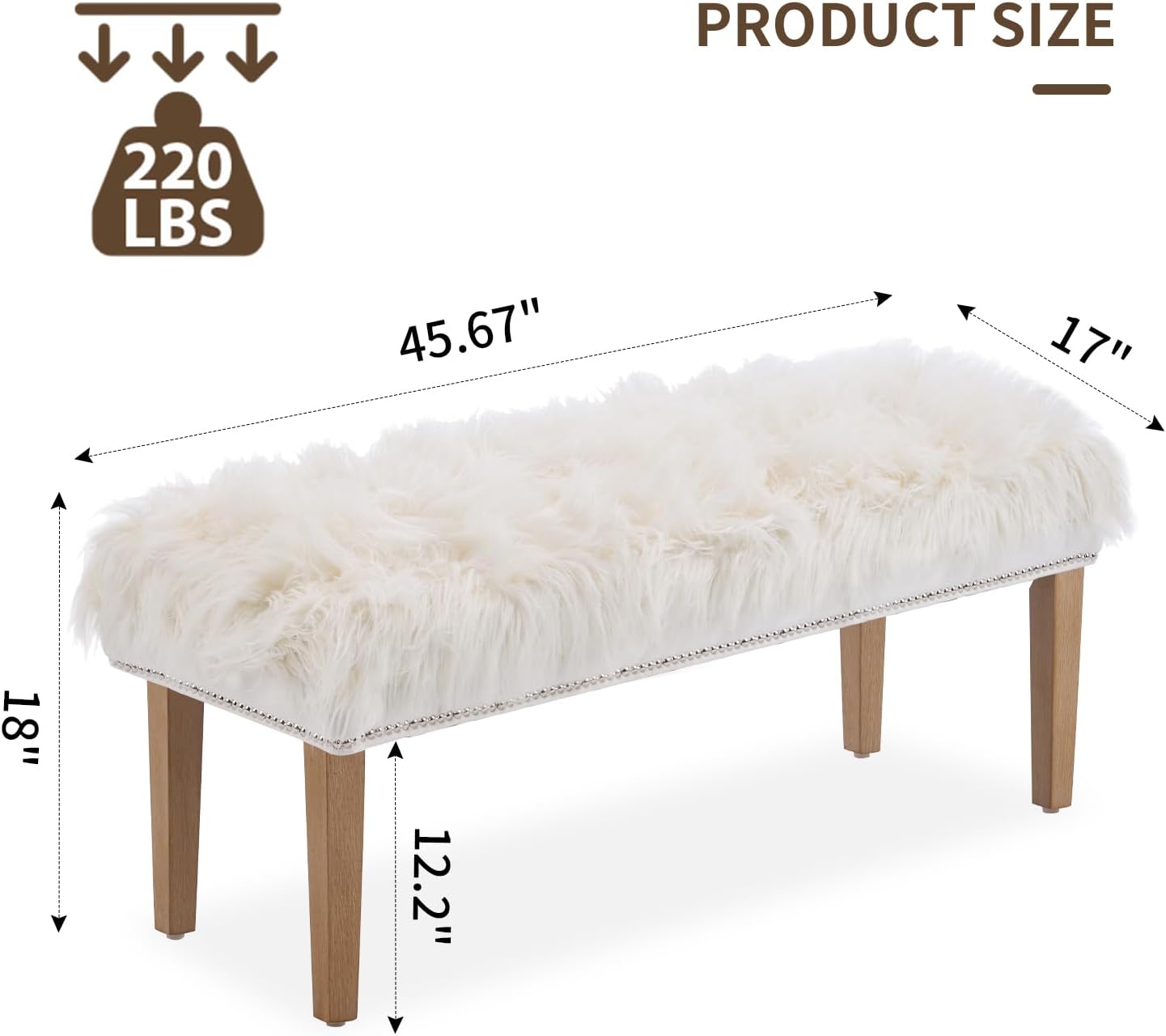 46 Inch White Bedroom Bench, Modern Multi-Purpose Bench with Wooden Legs, Faux Fur Upholstered, 3-Seater, 220 lbs Weight Capacity