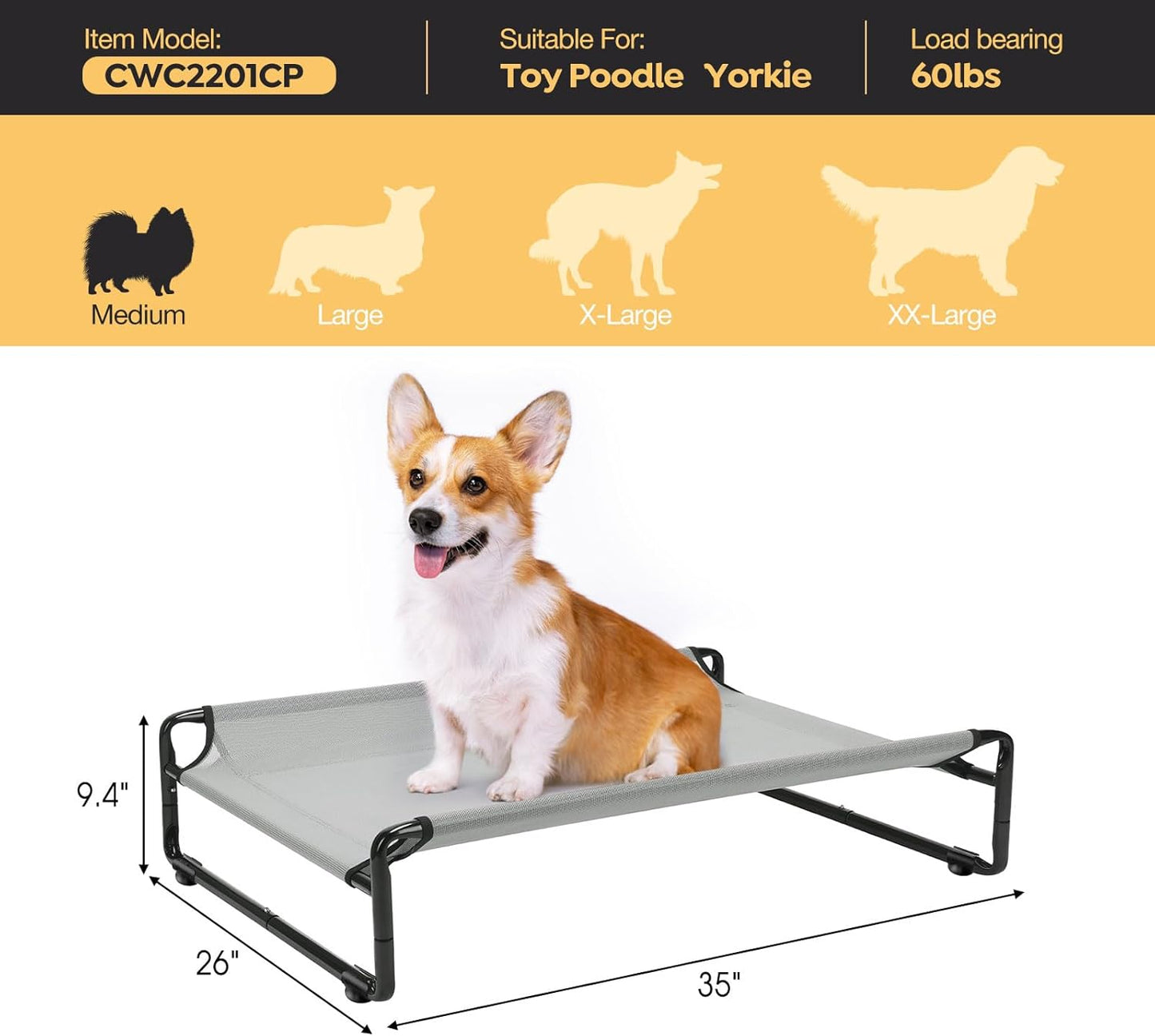 Veehoo Original Outdoor Elevated Dog Bed, Cooling Raised Dog Cot for Medium Dogs, Portable Standing Pet Hammock Platform with Washable Breathable Mesh, No-Slip Feet, Medium, Grey, CWC2201