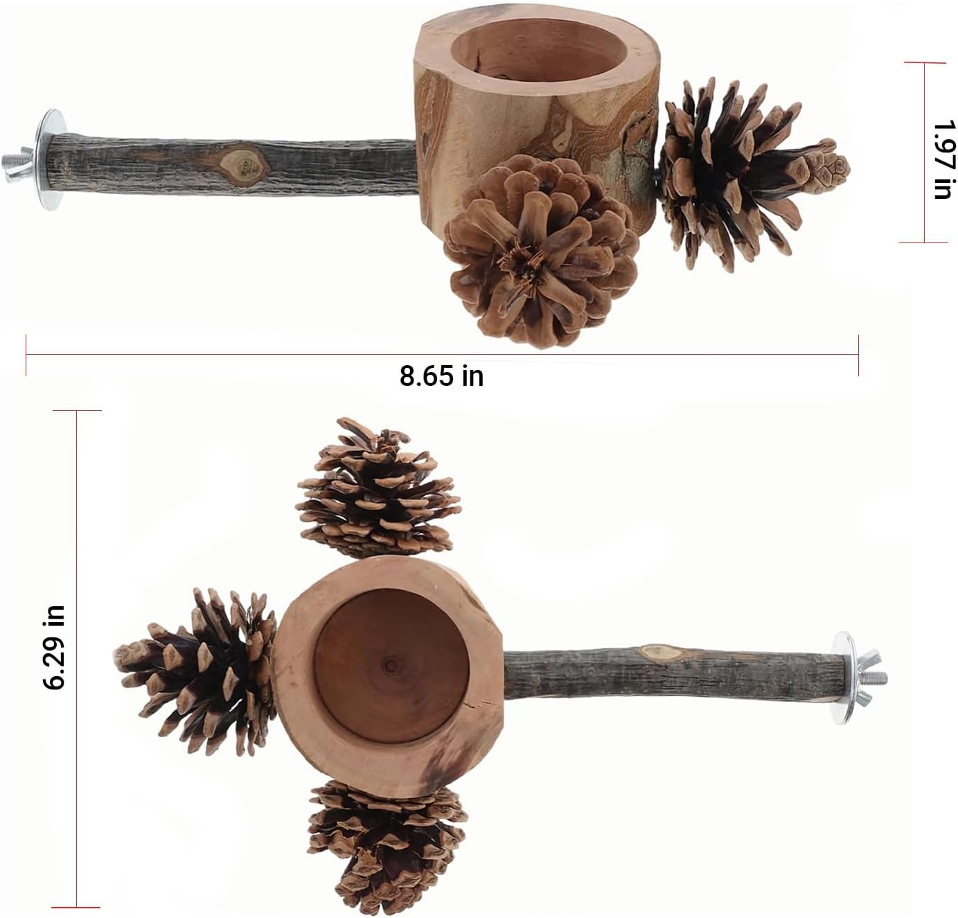 Bird Perch with Safe Bowl Wood & Pinecones - Bird Toys Chew Toys 100% Natural & Durable for Cockatiel, Conure, Budgie, Lovebird, Parakeet - Birdcage Accessory for Foraging & Oral Health