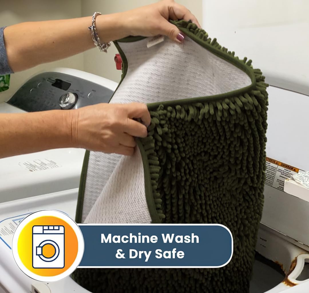 Muddy Mat® AS-SEEN-ON-TV Highly Absorbent Microfiber Door Mat and Pet Rug, Non Slip Thick Washable Area and Bath Mat Soft Chenille for Kitchen Bedroom Indoor and Outdoor - Army Green 24" x 72"