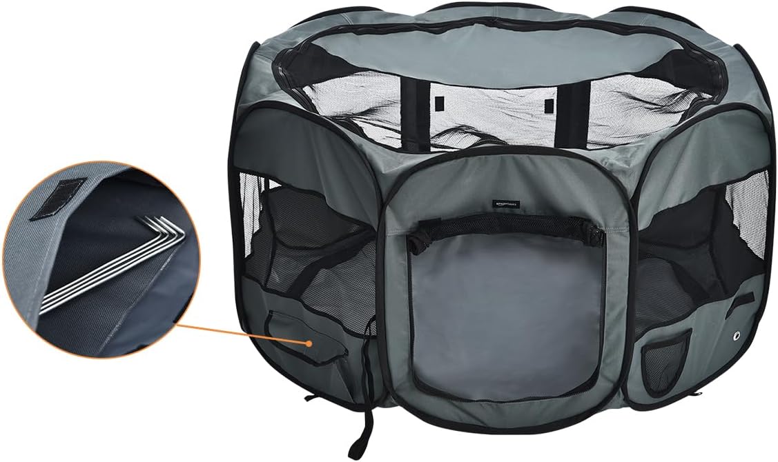 Amazon Basics Portable Soft Pet Dog Octagonal Travel Playpen, Large (45 x 45 x 24 inches), Grey