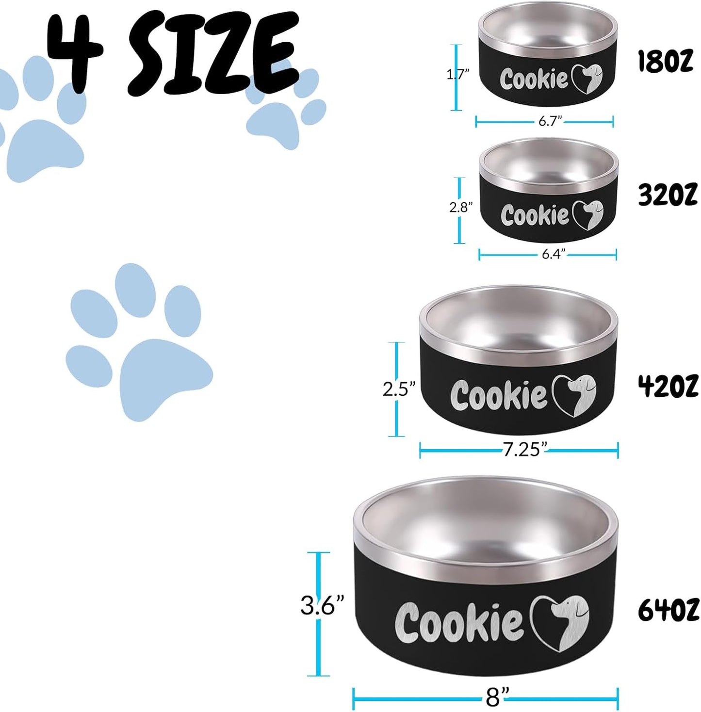 32OZ Personalized Dog Bowl Laser Engraved Custom Pet Name 18/32/42/64 oz No Slip Stainless Steel Insulated Bite-Resistant Food Water Dishes-Black
