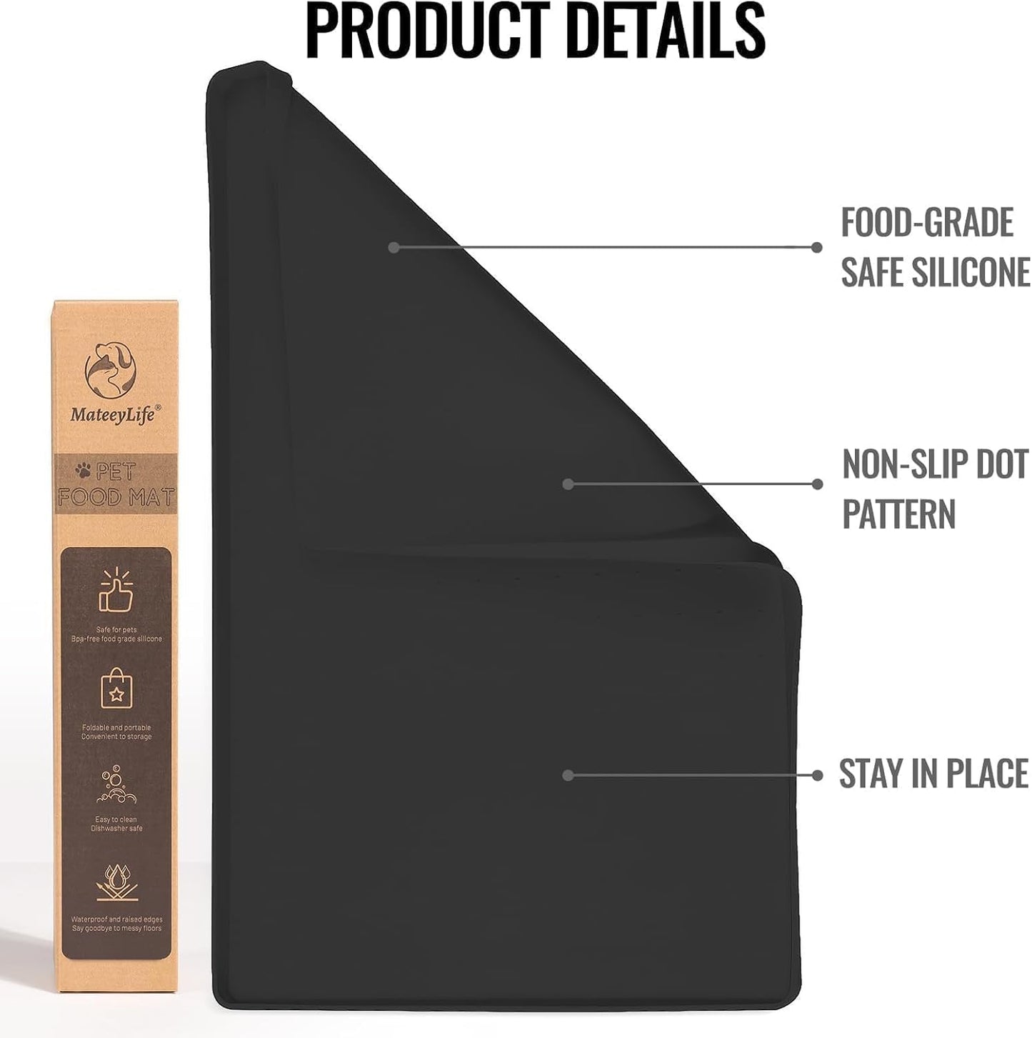 MateeyLife Dog & Cat Food Mat for Floors Waterproof, Nonslip Dog Bowl Mats for Food and Water, Dog Feeding Mats with Raised Edges, Silicone Cat & Dog Water Matt Tray for Messy Drinkers, 18"x12", Black