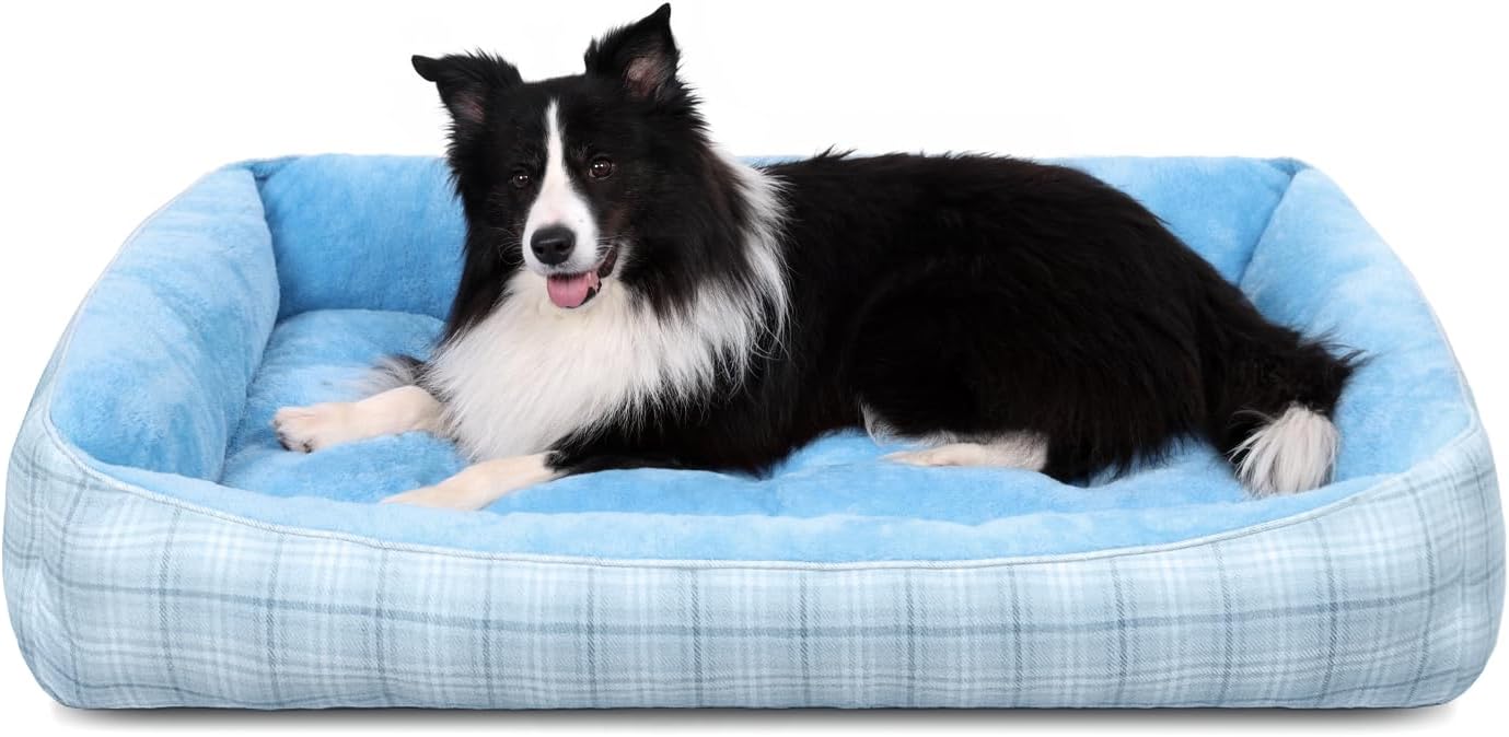 MIHIKK Rectangle Dog Beds for Extra Large Dogs & Cats, Orthopedic Sleeping Pet Bed for Couch with Durable Puppy Cuddler and Anti-Slip Bottom Machine Washable 44 * 30 Inch (Blue)