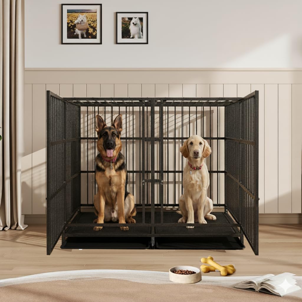 54 Inch Heavy Duty Dog Crate Cage with Divider, Indestructible and Escape Proof Steel Kennel Indoor for 2 High Anxiety Dogs with Sturdy Locks, Double Door and Tray, Extra Large XL XXL