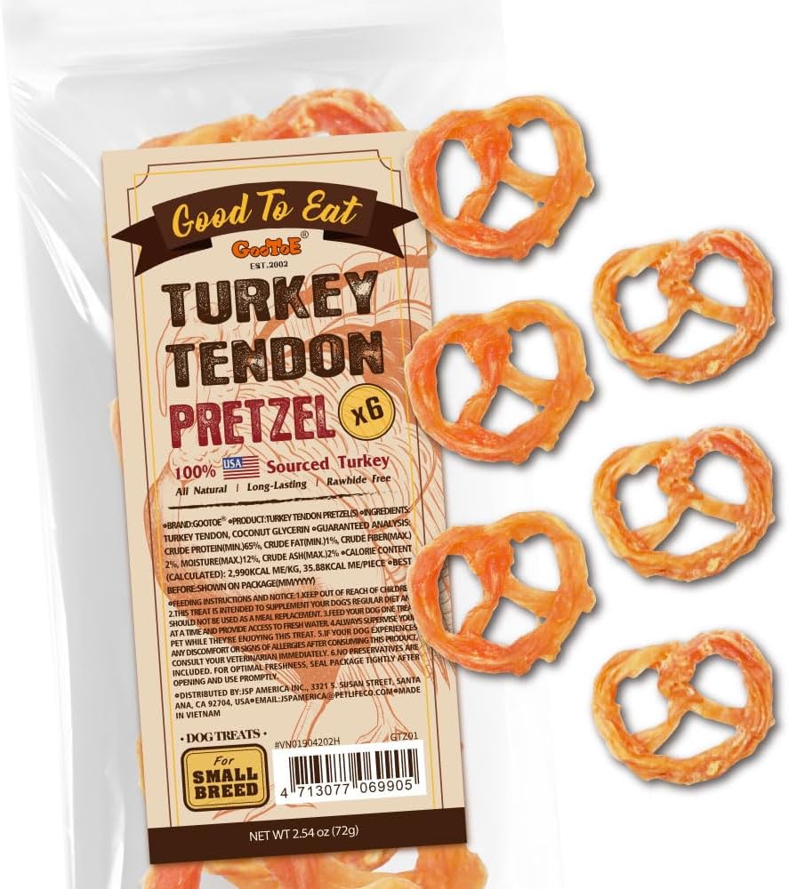 Gootoe Turkey Tendons for Dogs – All-Natural, Hypoallergenic Dog Treats, Rawhide Alternative, Long Lasting Puppy Chews, Healthy Dog Treats for Small Breeds, Pretzel (S), 6 Count Pack