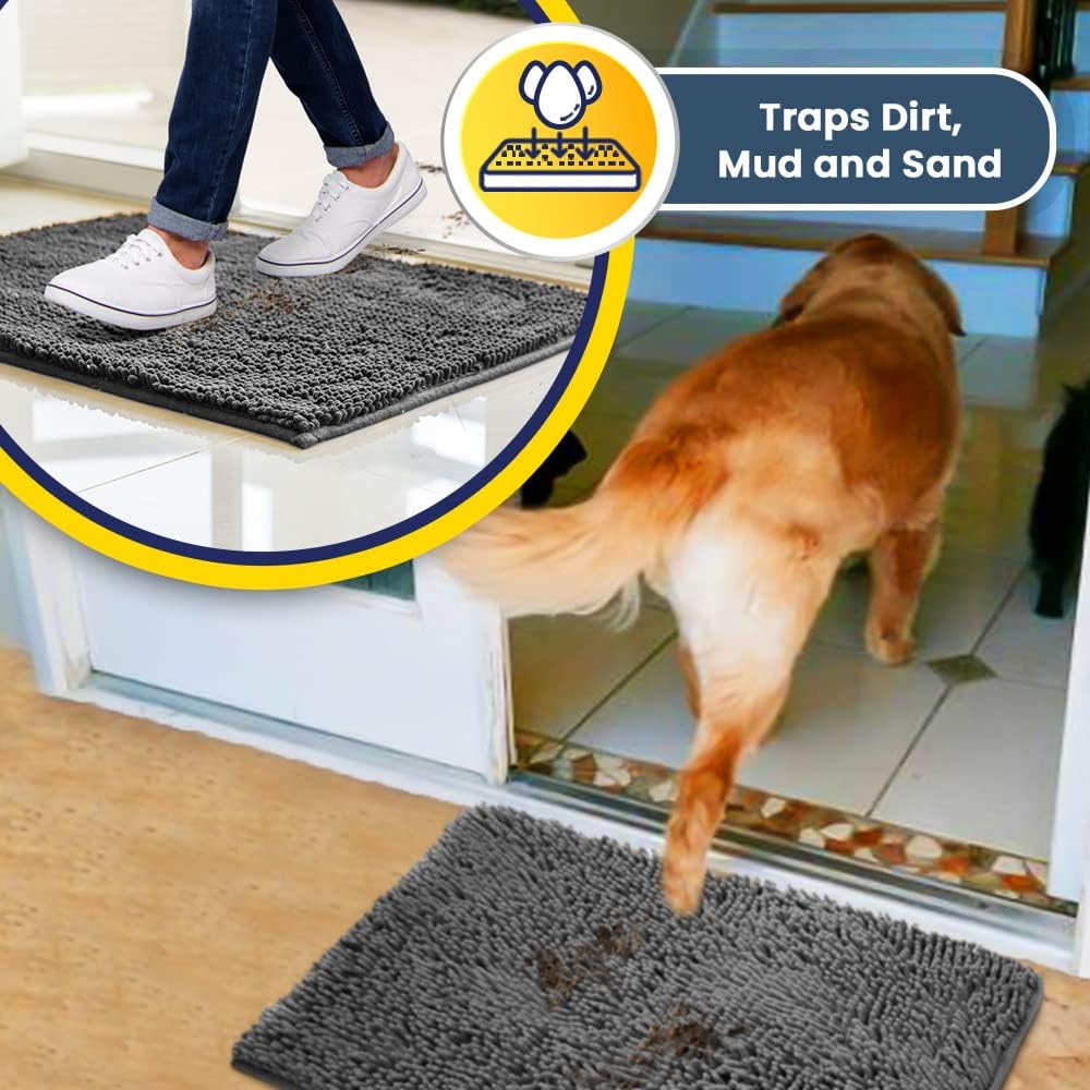 Muddy Mat® Shown on TV – Super Absorbent Microfiber Dog Door Mat for Muddy Paws, Non-Slip Washable Pet Rug, Quick Dry Chenille Entryway Carpet, Machine Washable Indoor Outdoor mat, Grey 60"x24"