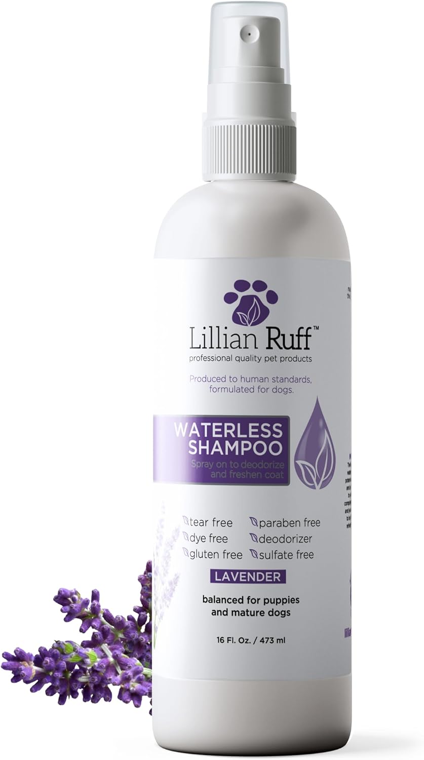 Lillian Ruff Waterless No-Rinse Dog Dry Shampoo Spray with Hydrating Essential Oils - pH-Balanced Dry Shampoo for Dogs - Clean, Condition, Detangle & Deodorize Dry, Sensitive Skin (Lavender)