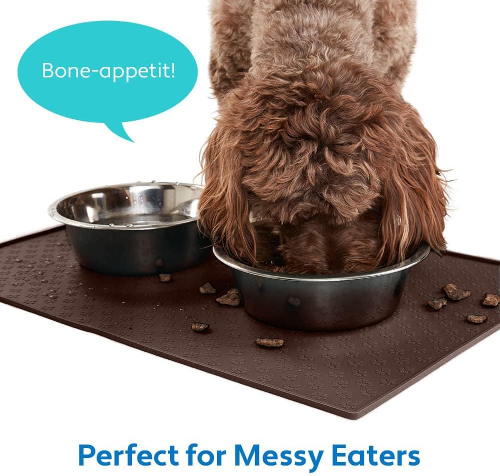MIGHTY MONKEY 100% Waterproof Dog Food Mat, Raised Edges Silicone Pet Feeding Placemat for Cat, Dogs, Pet Bowls, High Lipped Tray Prevents Water Spills, Food on Floor, Dishwasher Safe, 18x12, Brown