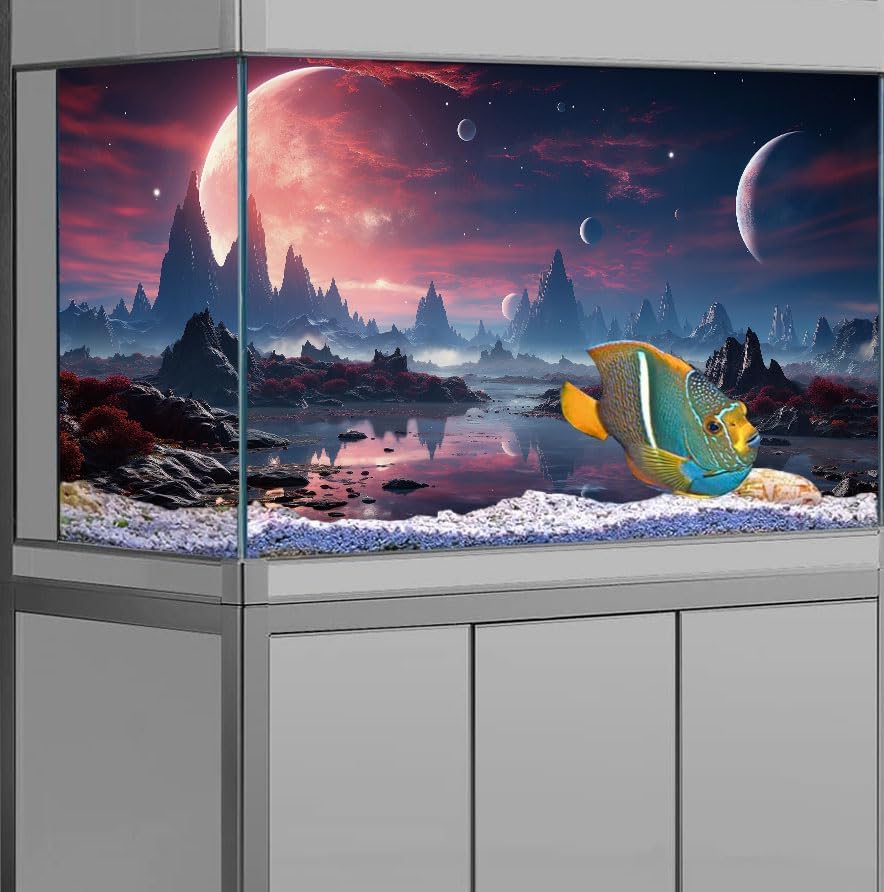 72X18IN Cosmic Spaceterrarium Background, Cool Parallel Space Themed Aquarium Reptile Habitat Background, Red Moon Aquarium Background with 10EVA Double-Sided Tape