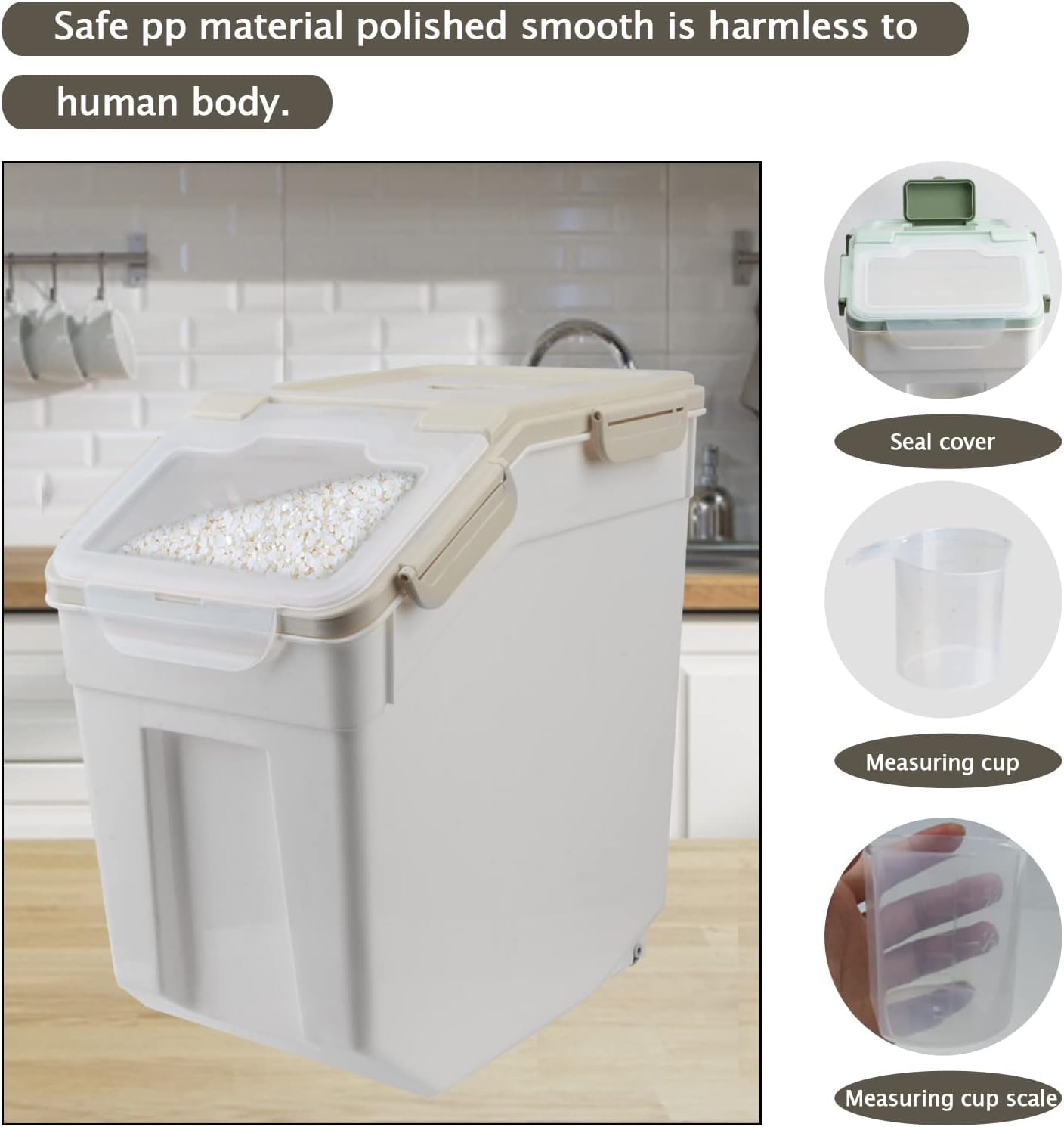 AnRui 25Lbs Airtight Rice Storage Container, Large Flour Storage Containers BPA Free Kitchen Pantry Food Storage Bin Sugar Snack Cereal Grain Organizer Box with Wheel, Scoop, 4Pack, Grey