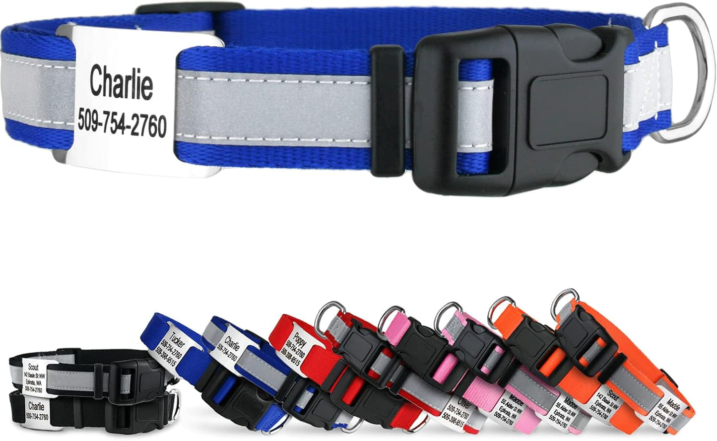 GoTags Reflective Personalized Dog Collar with Nameplate, Adjustable Dog Collar with Custom Engraved Steel Slide On Pet ID Tag, Silent, No Noise Dog Tag for Large Medium or Small (Blue, Large)