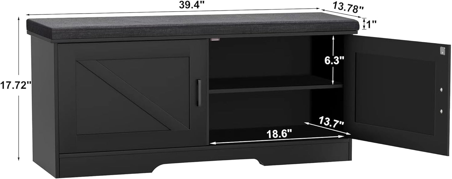 2-Tier Storage Bench, Shoe Bench with Padded Seat Cushion, Entryway Bench with 2 Barn Doors, Adjustable Shelf, 13.8" D x 39.4" W x 17.7" H, for Entryway, Living Room, Bedroom, Black