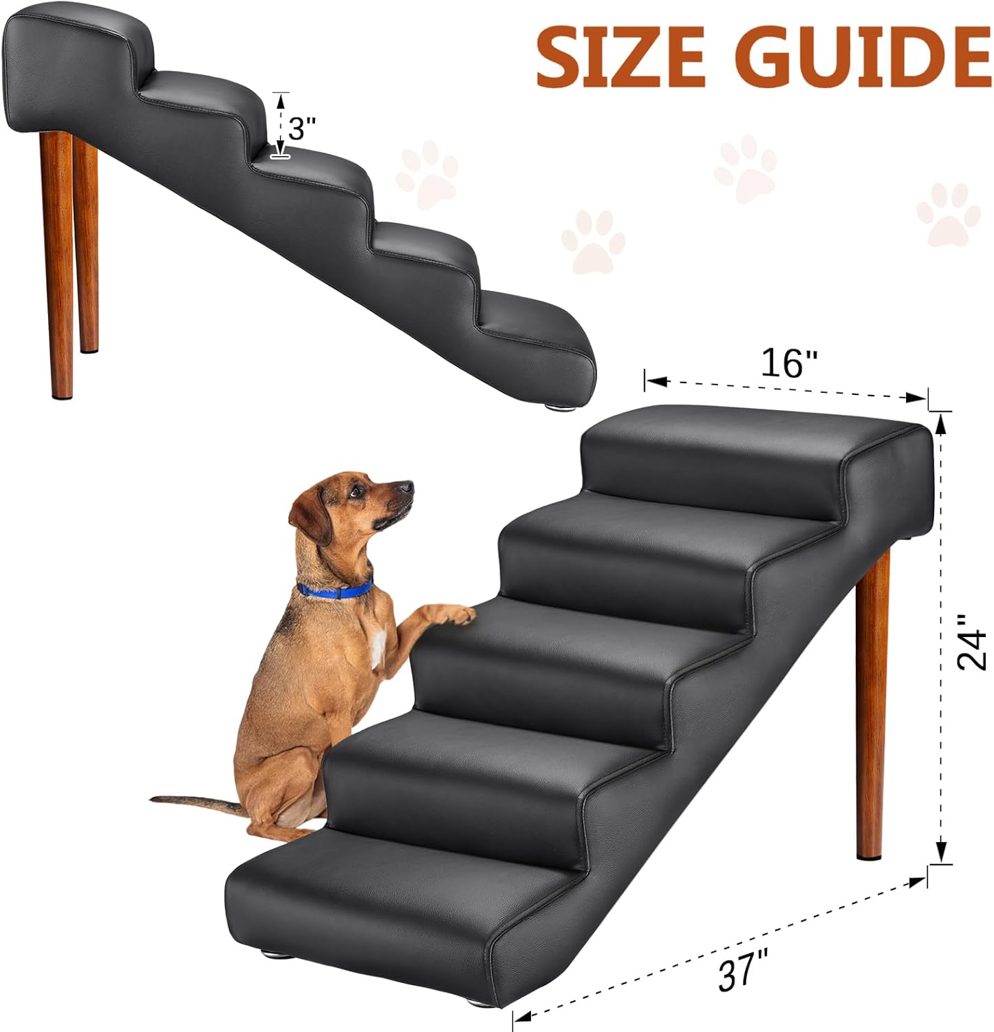 Senneny Black Faux Leather Dog Stairs, for Pets up to 150 lbs, Waterproof, Scratch Resistant Pet Steps/Stairs with High Density Foam and Detachable Wooden Legs, Black, 5 Step