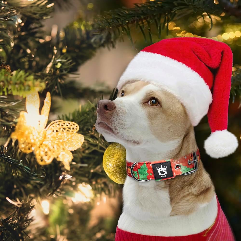 TSPRO Tactical Dog Collar 1.5 Inch Wide Thick Dog Collars with Heavy Duty Metal Buckle, Durable, Strong, Adjustable for Medium to Large Dogs (Christmas Red M)